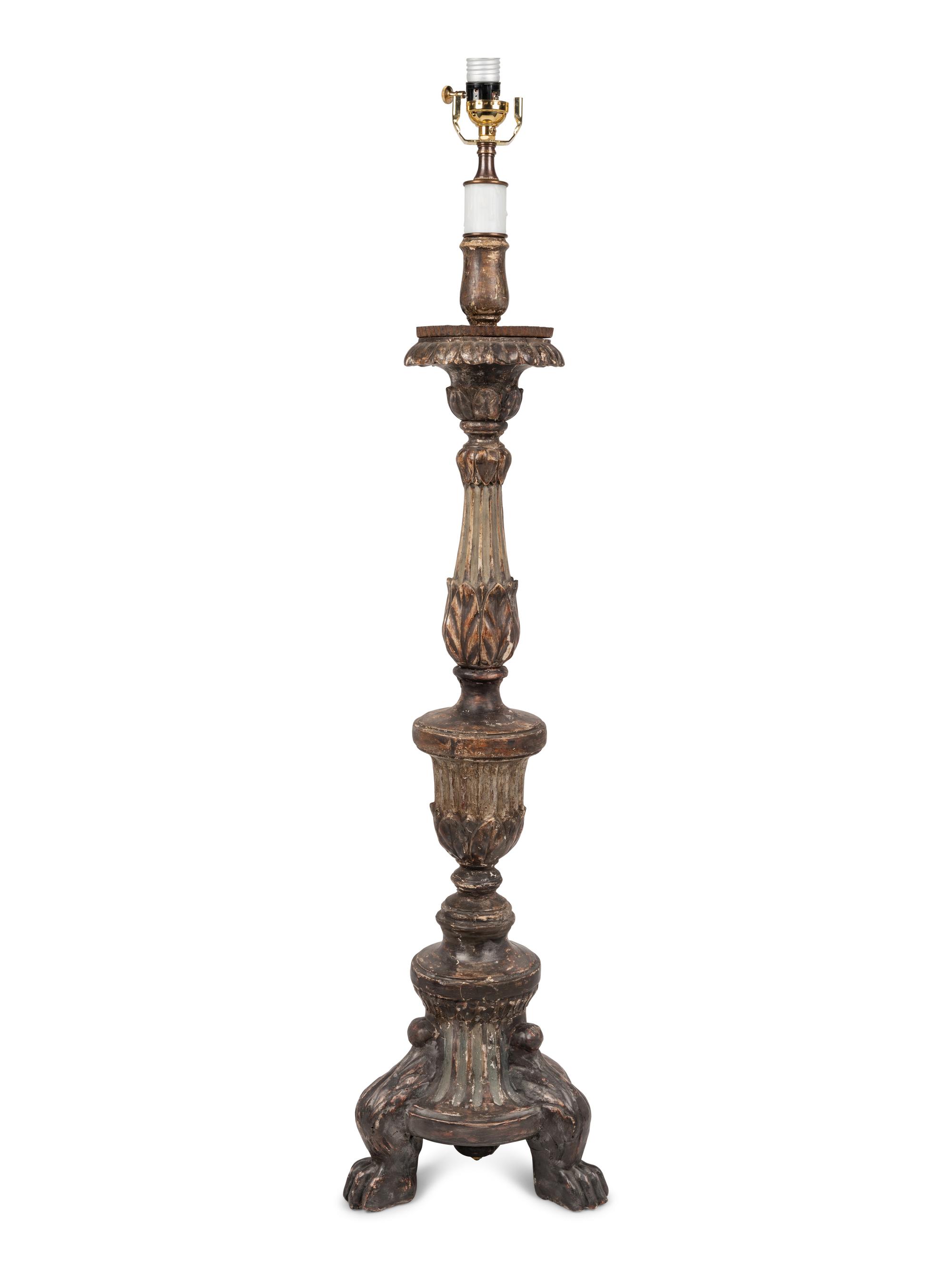 A Large Silvered Wood Pricket Mounted as a Lamp
