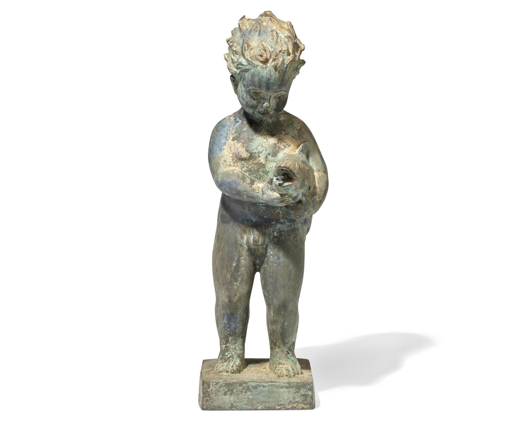 A cast zinc fountain head of a boy holding fish, 20th century