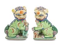 A Pair of Famille Verte Porcelain Figures of Fu Lions
