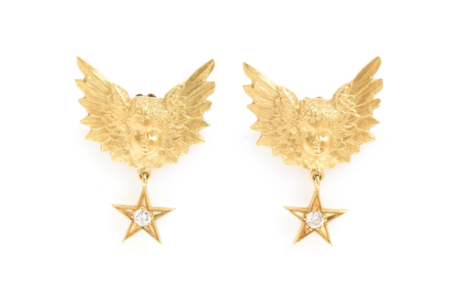 A Pair of 18 Karat Yellow Gold and Diamond Putti Earrings, Anthony Lent, 3.70 dwts.