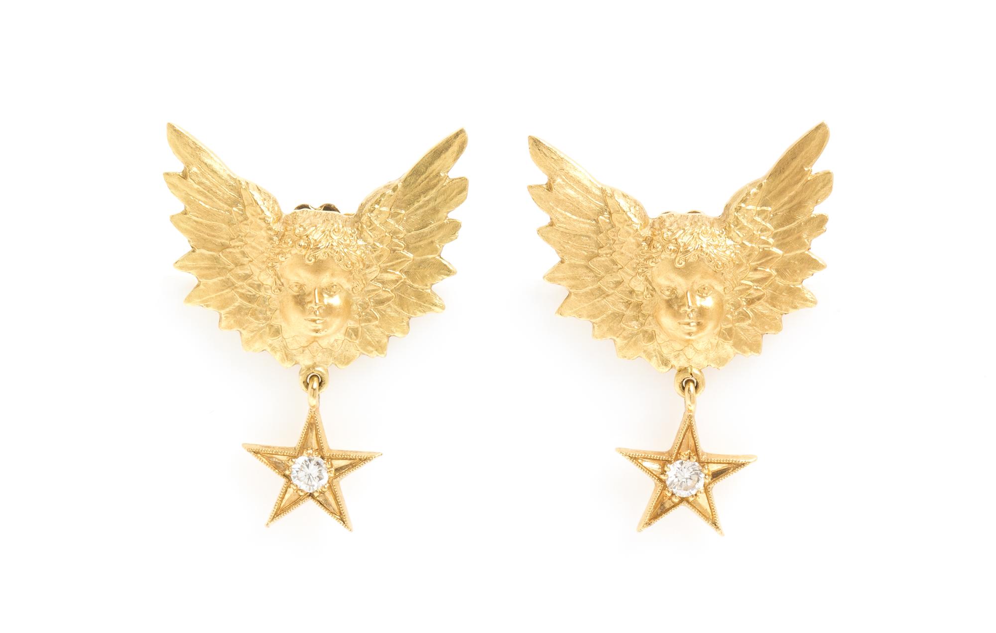 A Pair of 18 Karat Yellow Gold and Diamond Putti Earrings, Anthony Lent, 3.70 dwts.