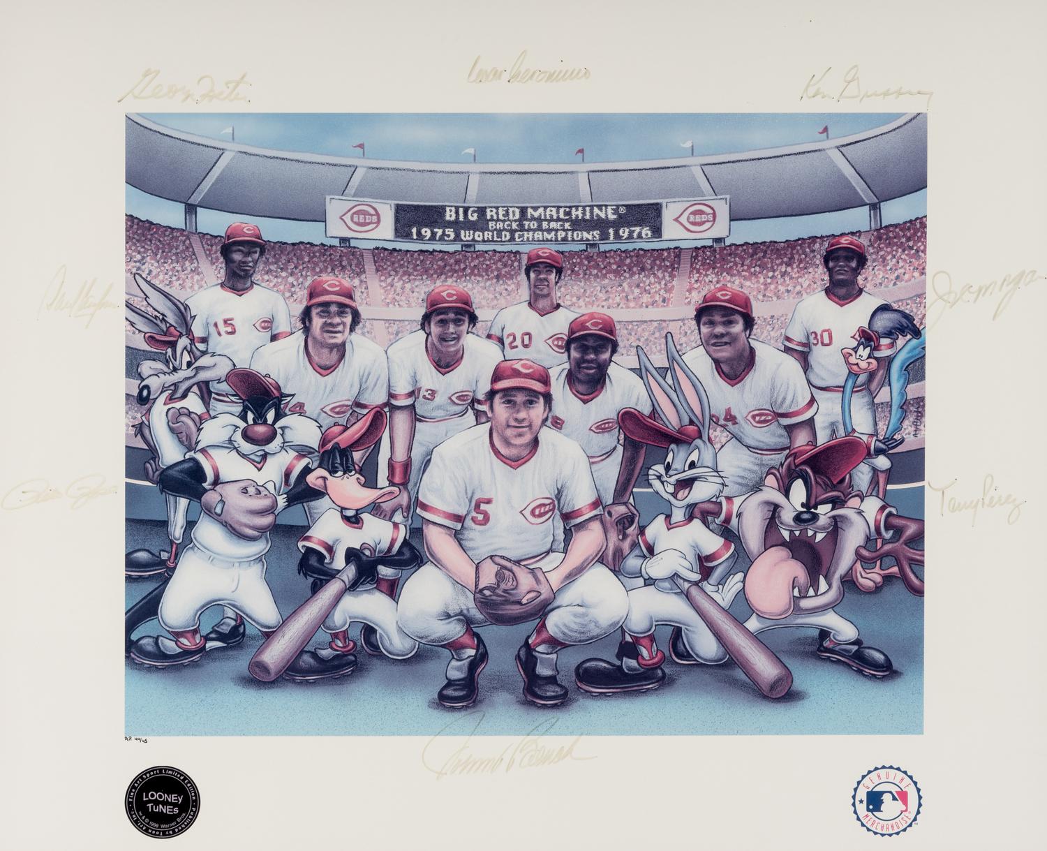 A Cincinnati Reds Big Red Machine Starting Lineup Signed Autograph Looney Tunes Print