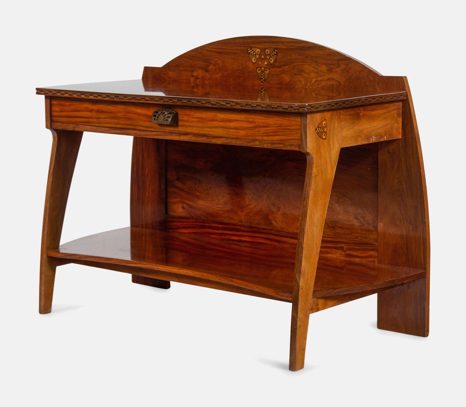 An Austrian Secessionist Inlaid Dining Suite, comprising a sideboard, a server, an extension dining table with five leaves, six side chairs and four armchairs