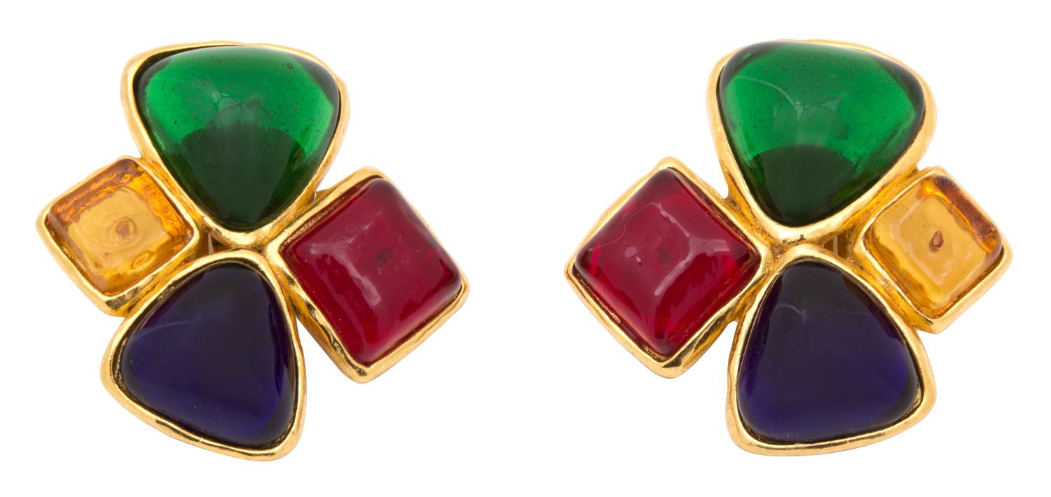 A Pair of Chanel Multicolor Gripoix Earclips, 2" diameter.