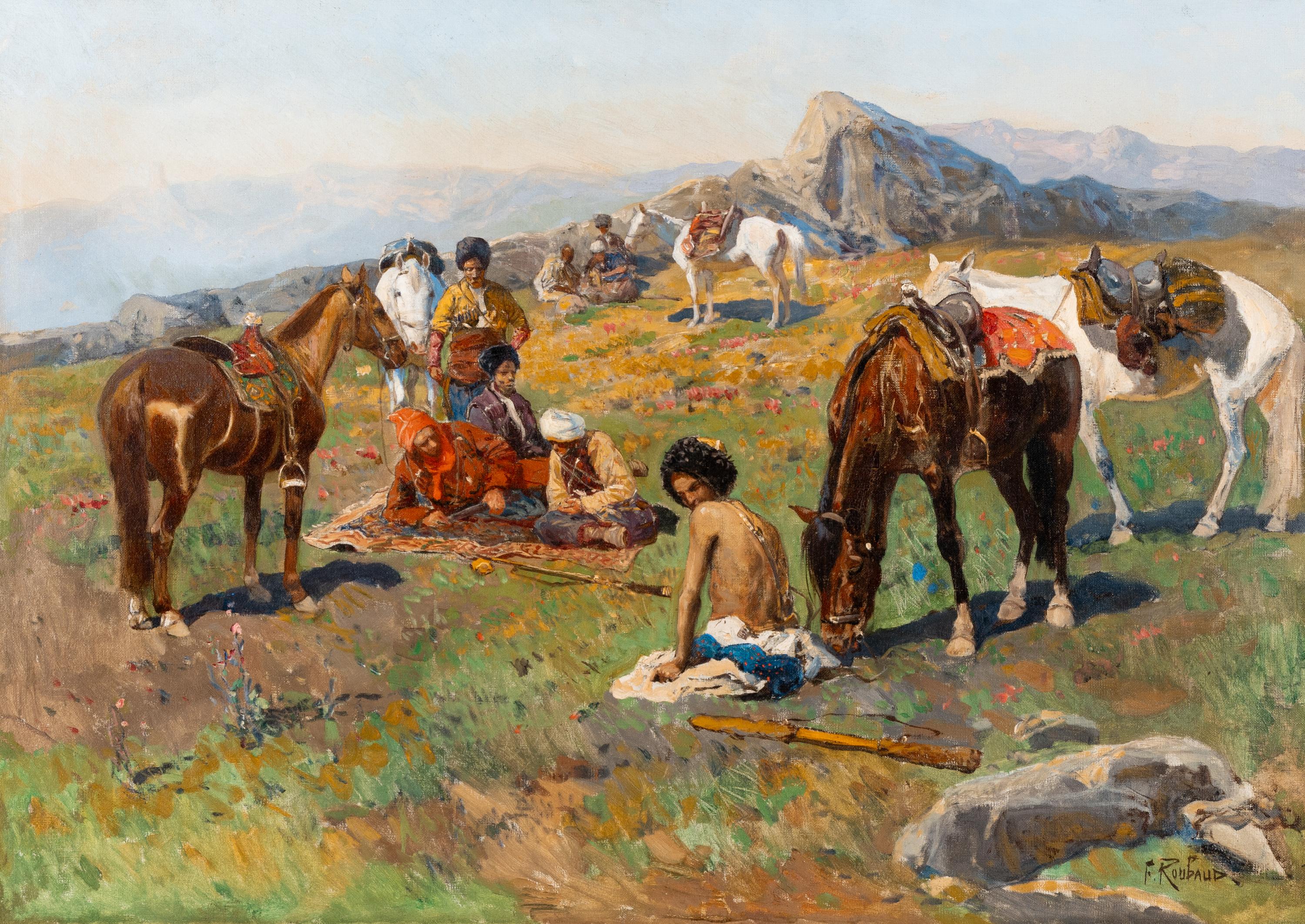 Franz Roubaud (Ukrainian, 1856-1928) — Circassian Horsemen Resting on a High Plateau