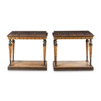A Pair of Swedish Painted and Parcel-Gilt Porphyry-Top Console Tables