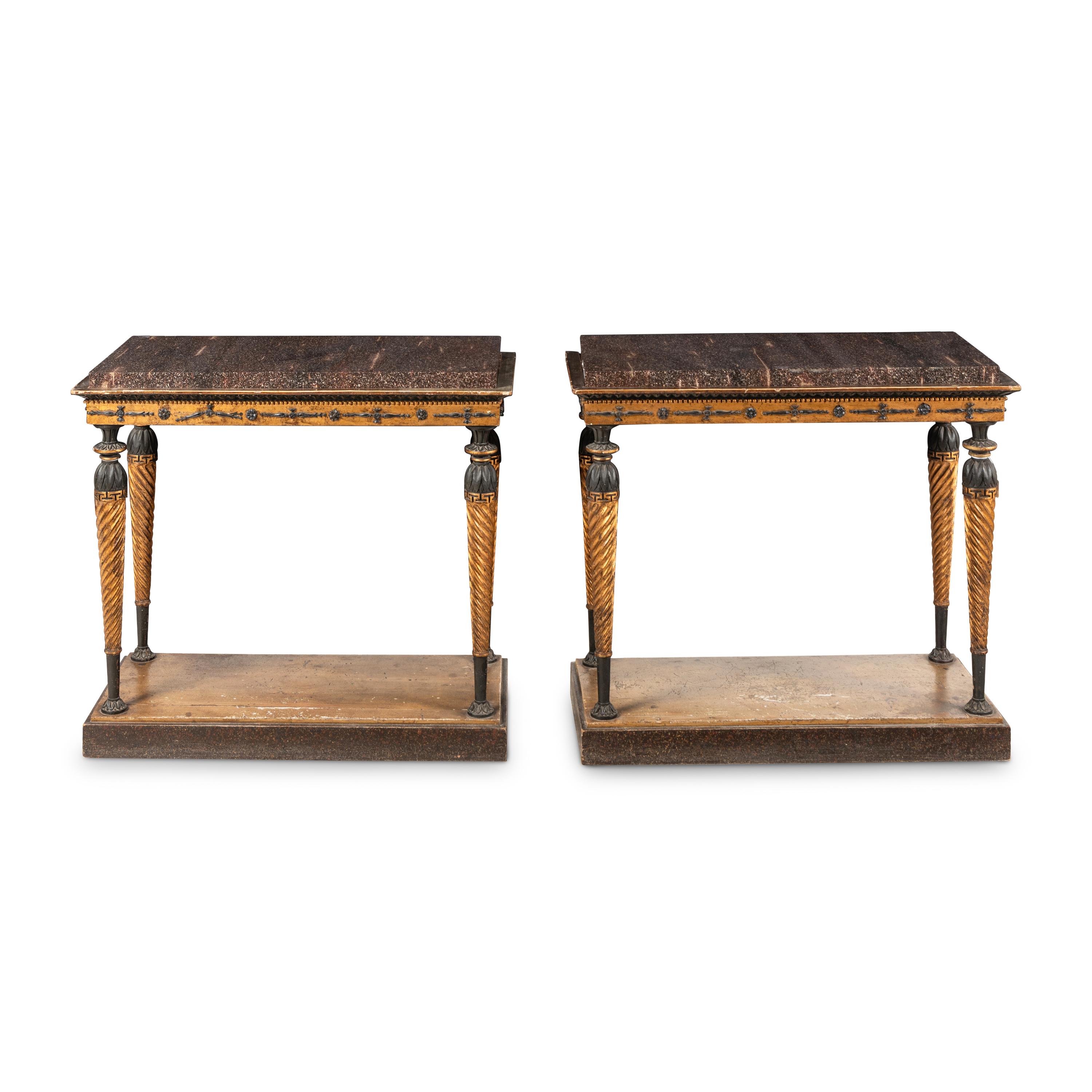 A Pair of Swedish Painted and Parcel-Gilt Porphyry-Top Console Tables
