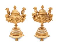 A Pair of Louis XV Style Gilt Bronze and White Marble Covered Urns