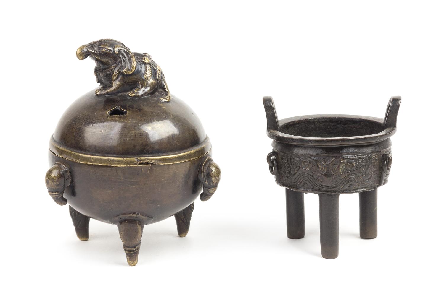 Two Chinese Bronze Tripod Incense Burners Height of taller 4 1/2 inches.