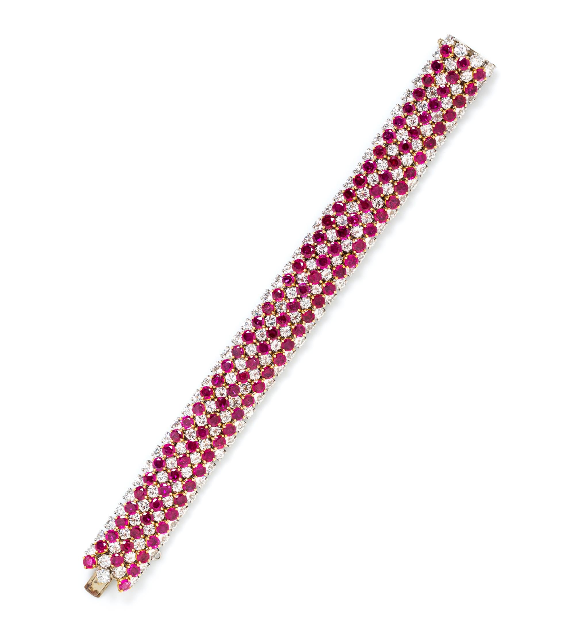 A Platinum, 18 Karat Yellow Gold, Ruby and Diamond Bracelet, 58.50 dwts.
