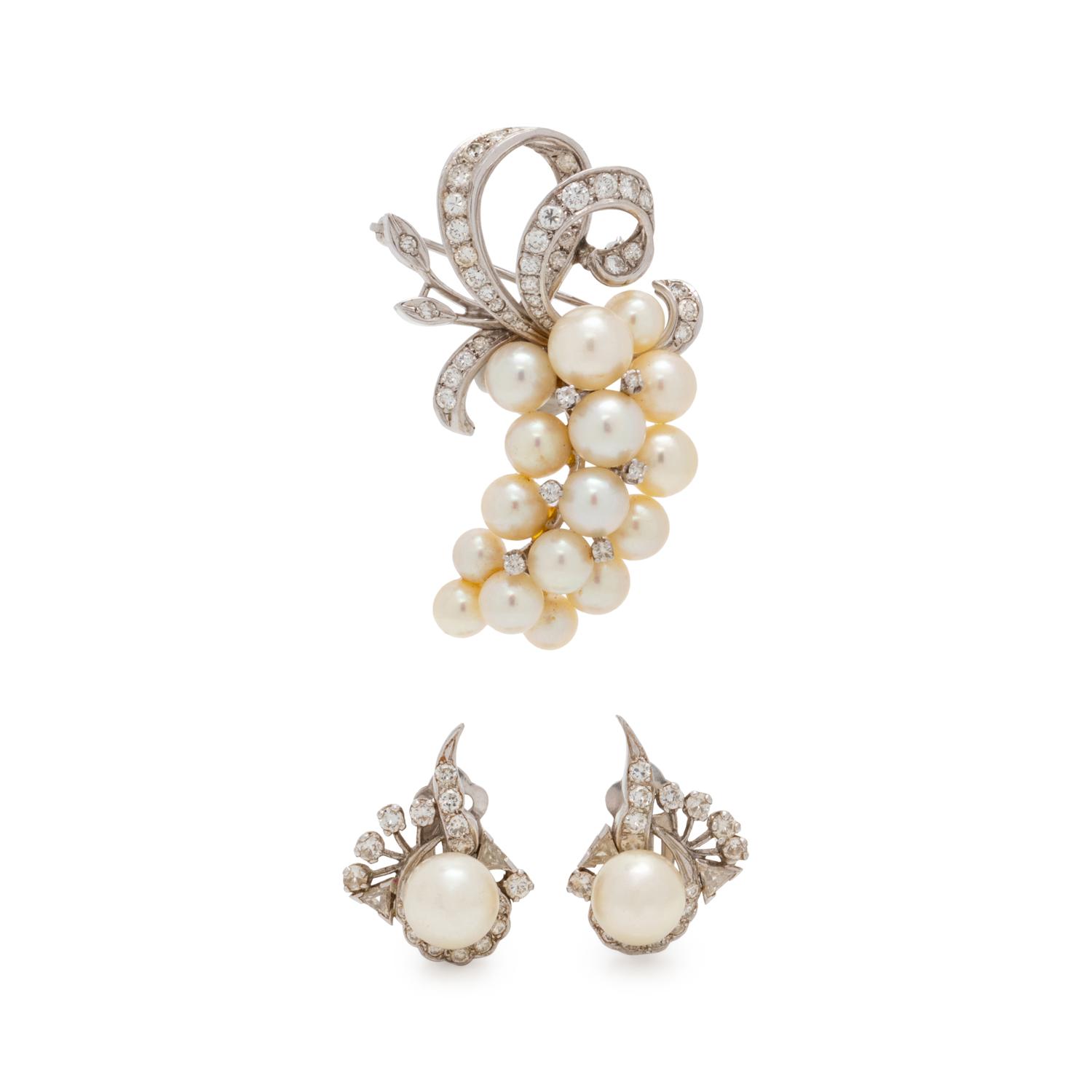 CULTURED PEARL AND DIAMOND SET