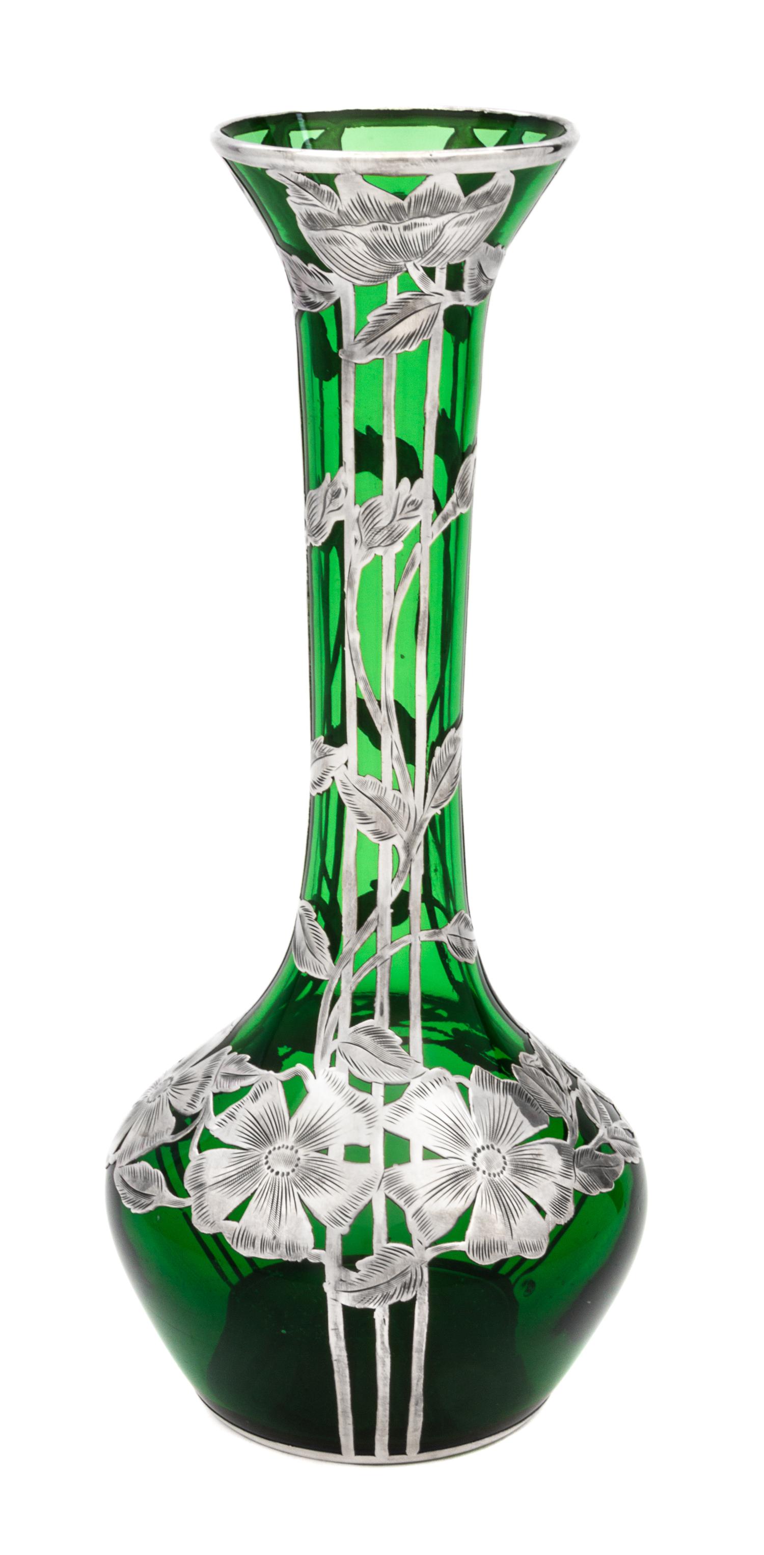 A Silver Overlay Glass Vase Height 10 inches.