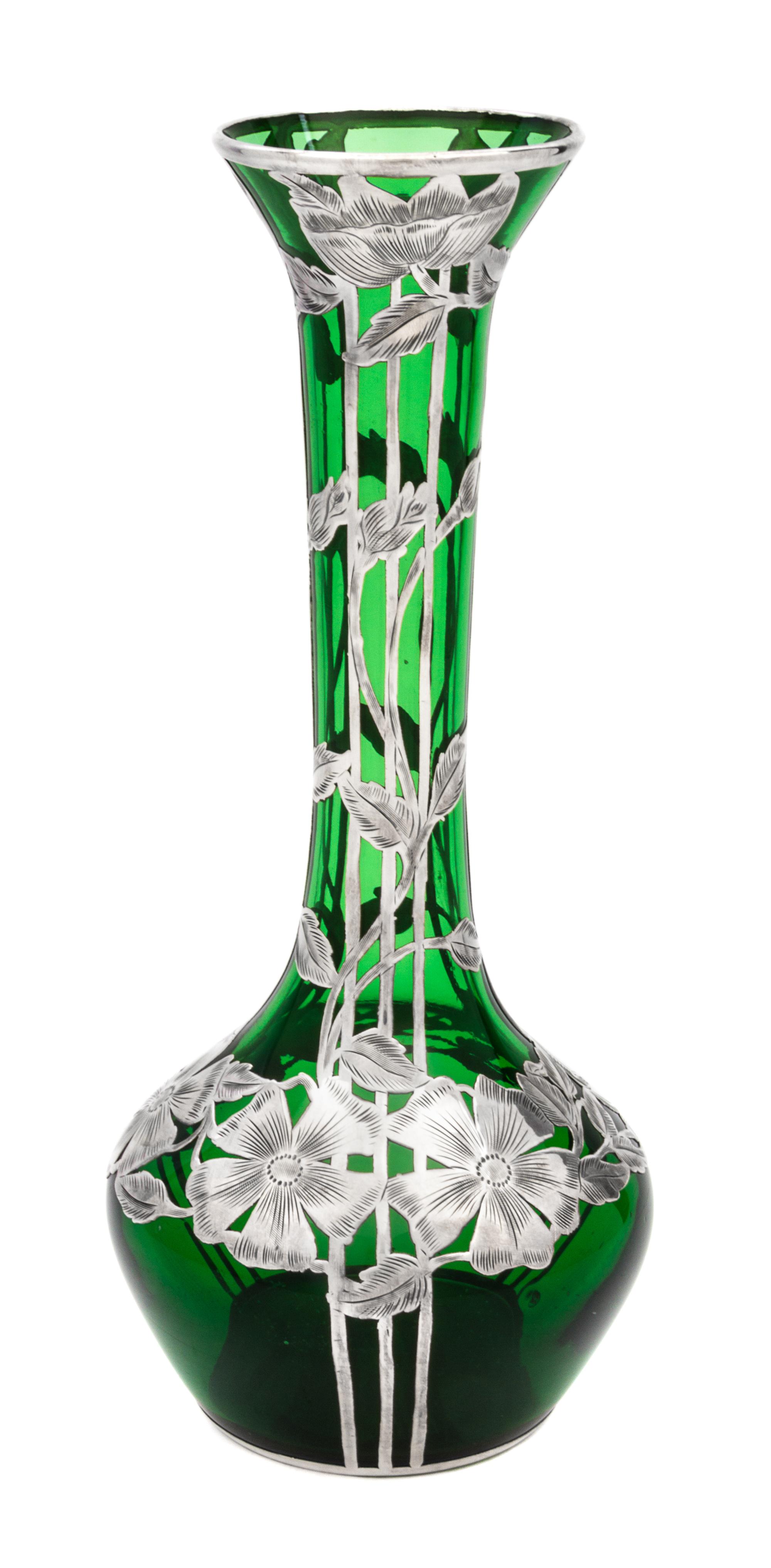 A Silver Overlay Glass Vase Height 10 inches.