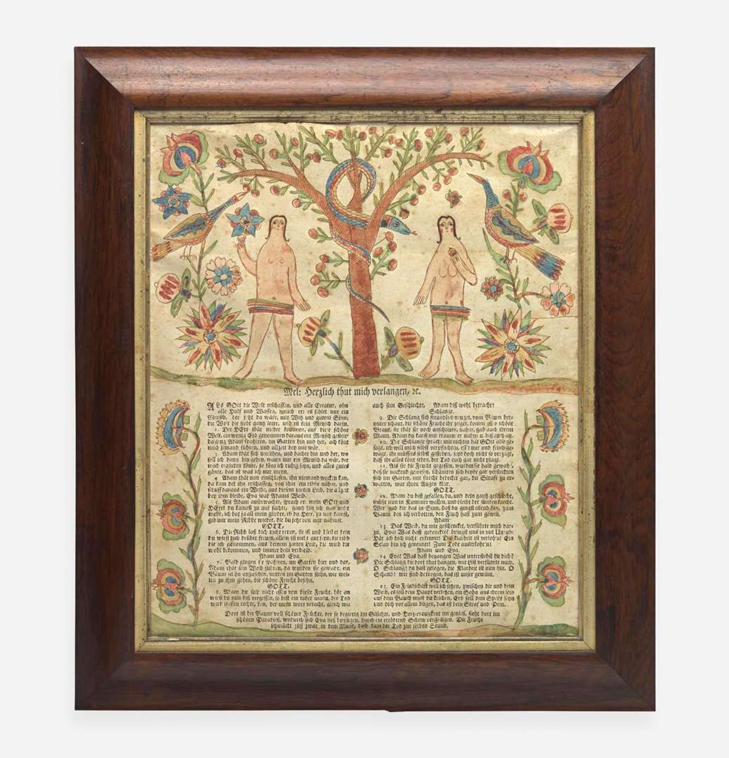 An Adam and Eve hand-decorated letterpress broadside decorated by Georg Friedrich Speyer (active 1774-1801), circa 1790
