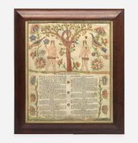 An Adam and Eve hand-decorated letterpress broadside decorated by Georg Friedrich Speyer (active 1774-1801), circa 1790