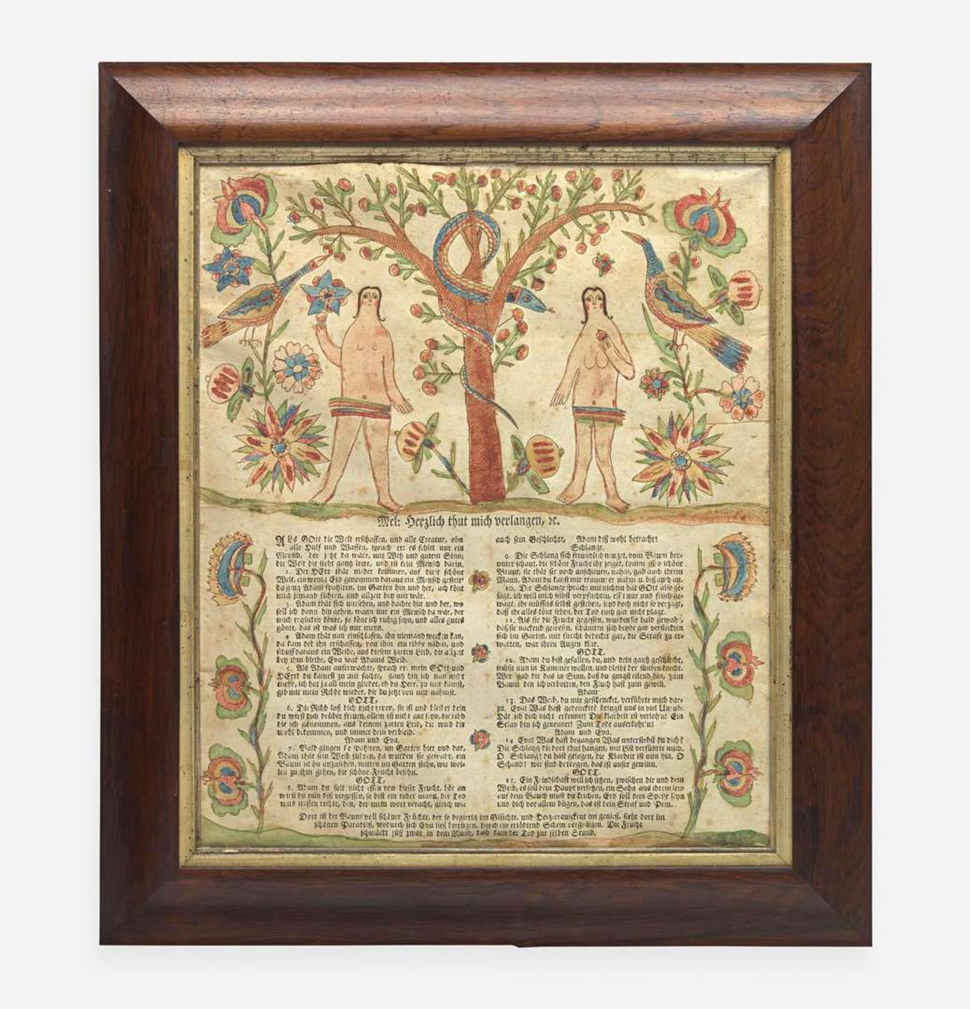 An Adam and Eve hand-decorated letterpress broadside decorated by Georg Friedrich Speyer (active 1774-1801), circa 1790