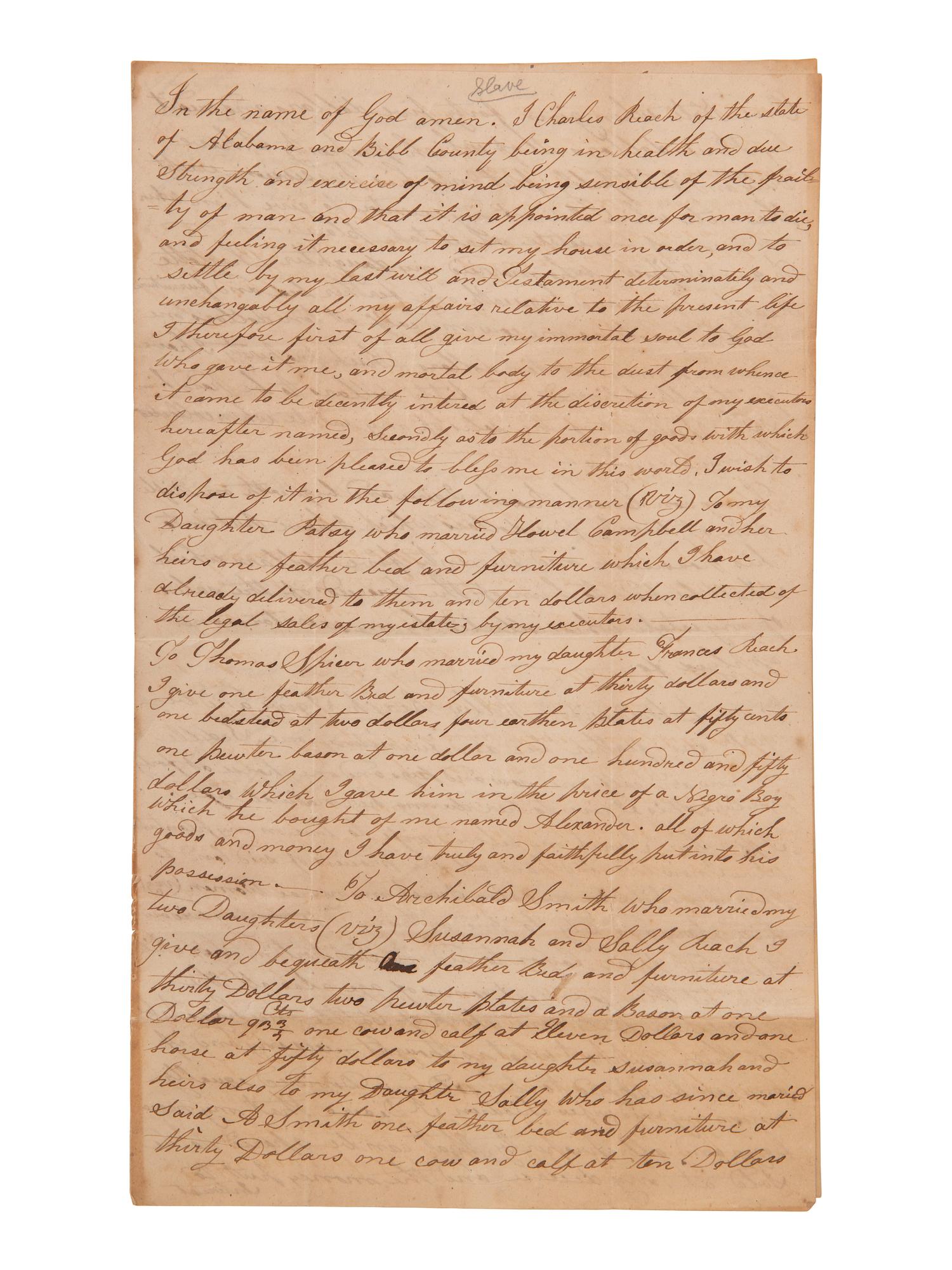 [ENSLAVEMENT]. Manuscript will bequeathing enslaved persons to decedent's wife and children. 1832.