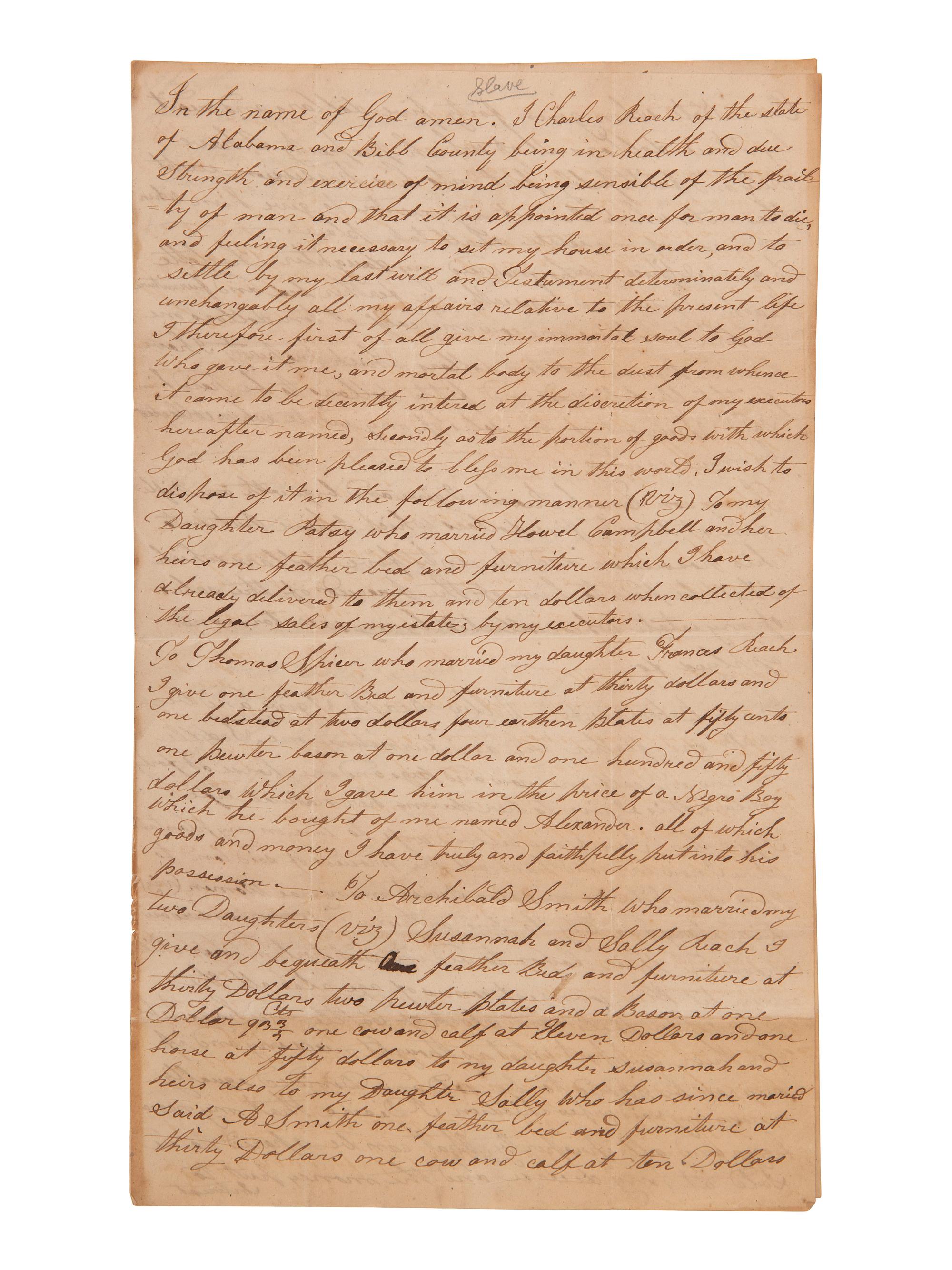 [ENSLAVEMENT]. Manuscript will bequeathing enslaved persons to decedent's wife and children. 1832.