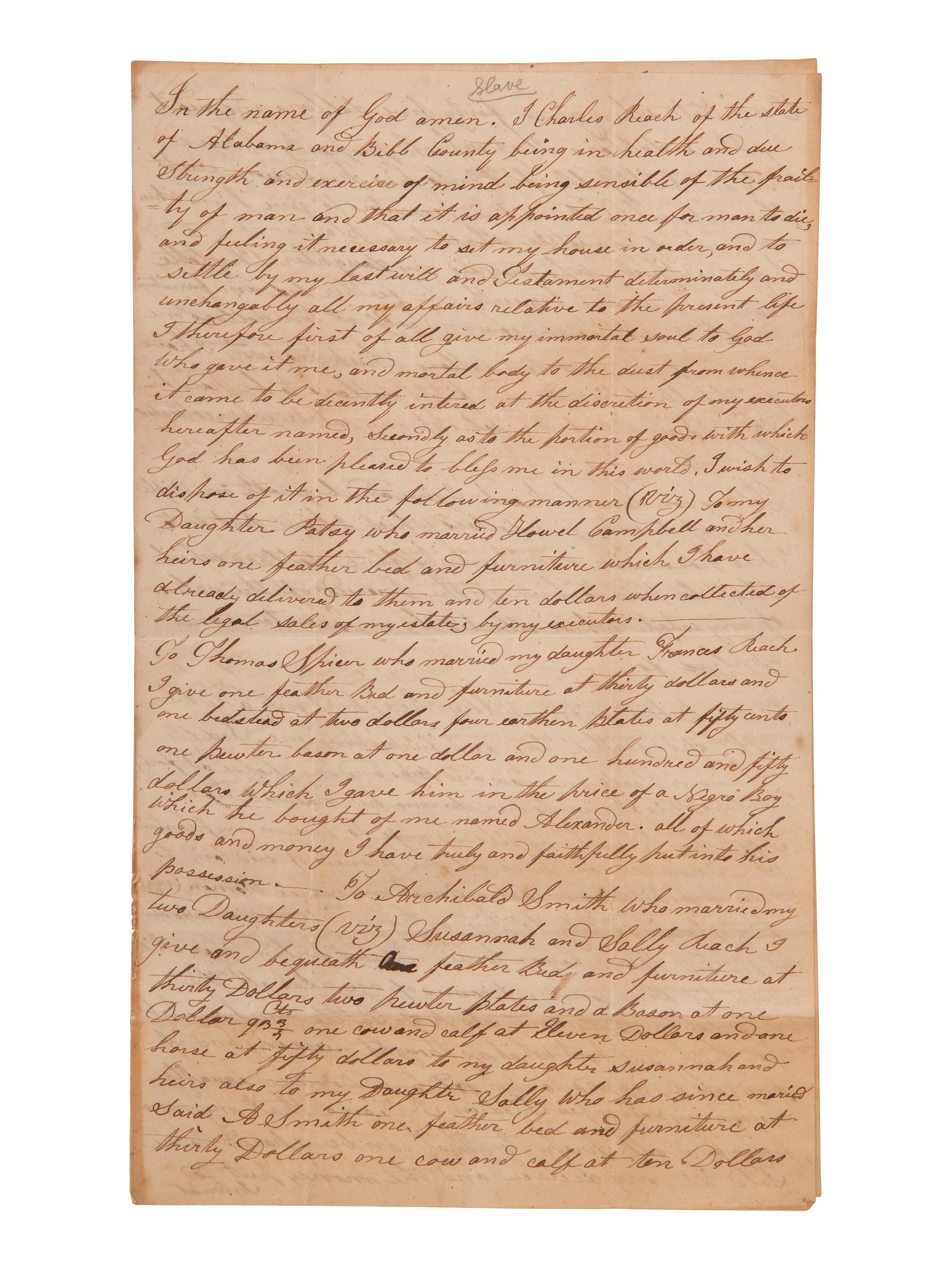 [ENSLAVEMENT]. Manuscript will bequeathing enslaved persons to decedent's wife and children. 1832.