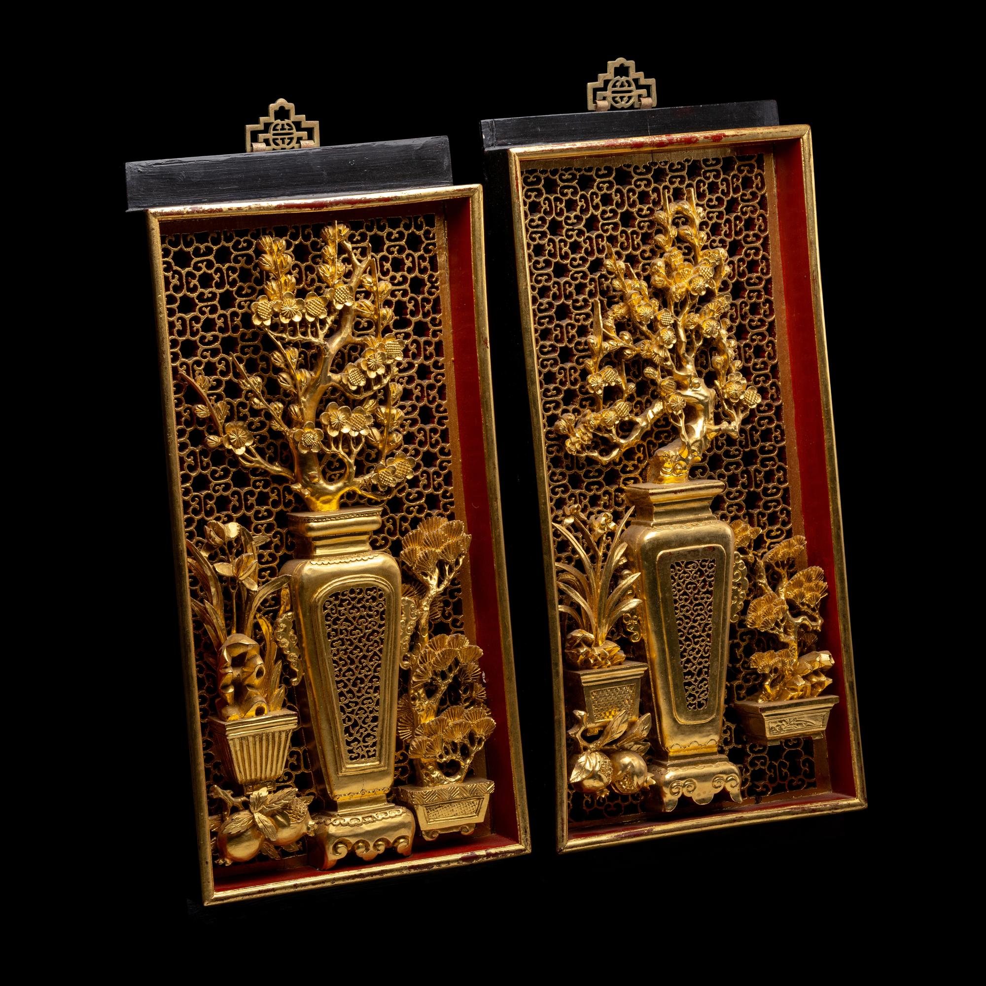 A Matched Pair of Chinese Gilt and Red Lacquered Wood Panels