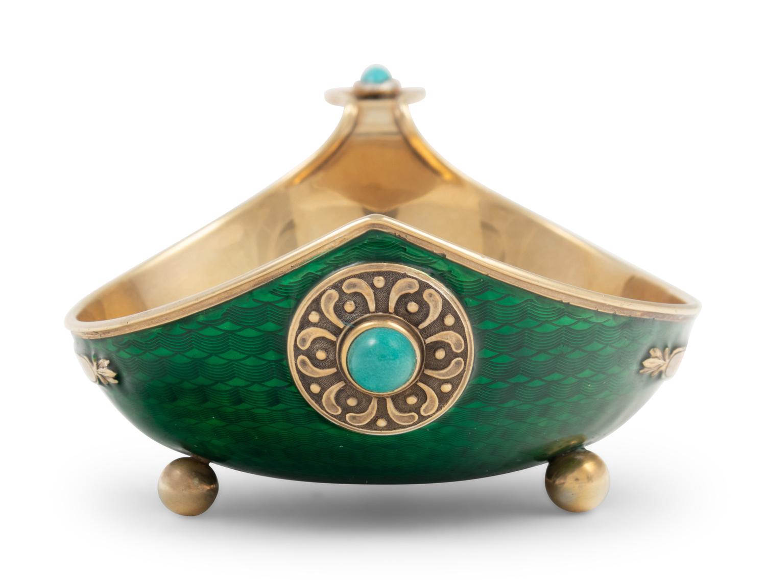 A Russian Silver and Enamel Turquoise-Inset Kovsh