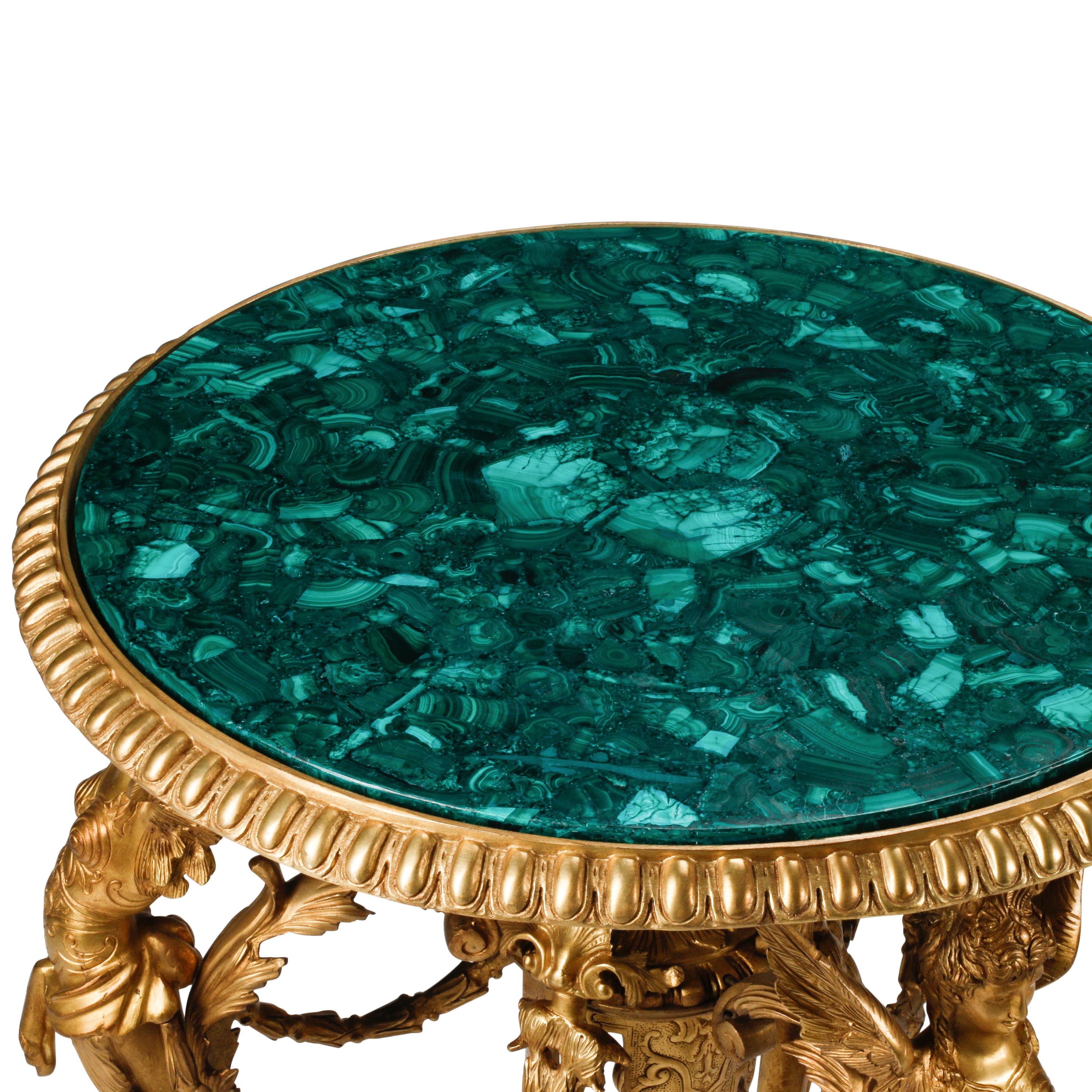 A Pair of Neoclassical Style Gilt Bronze and Malachite Tables