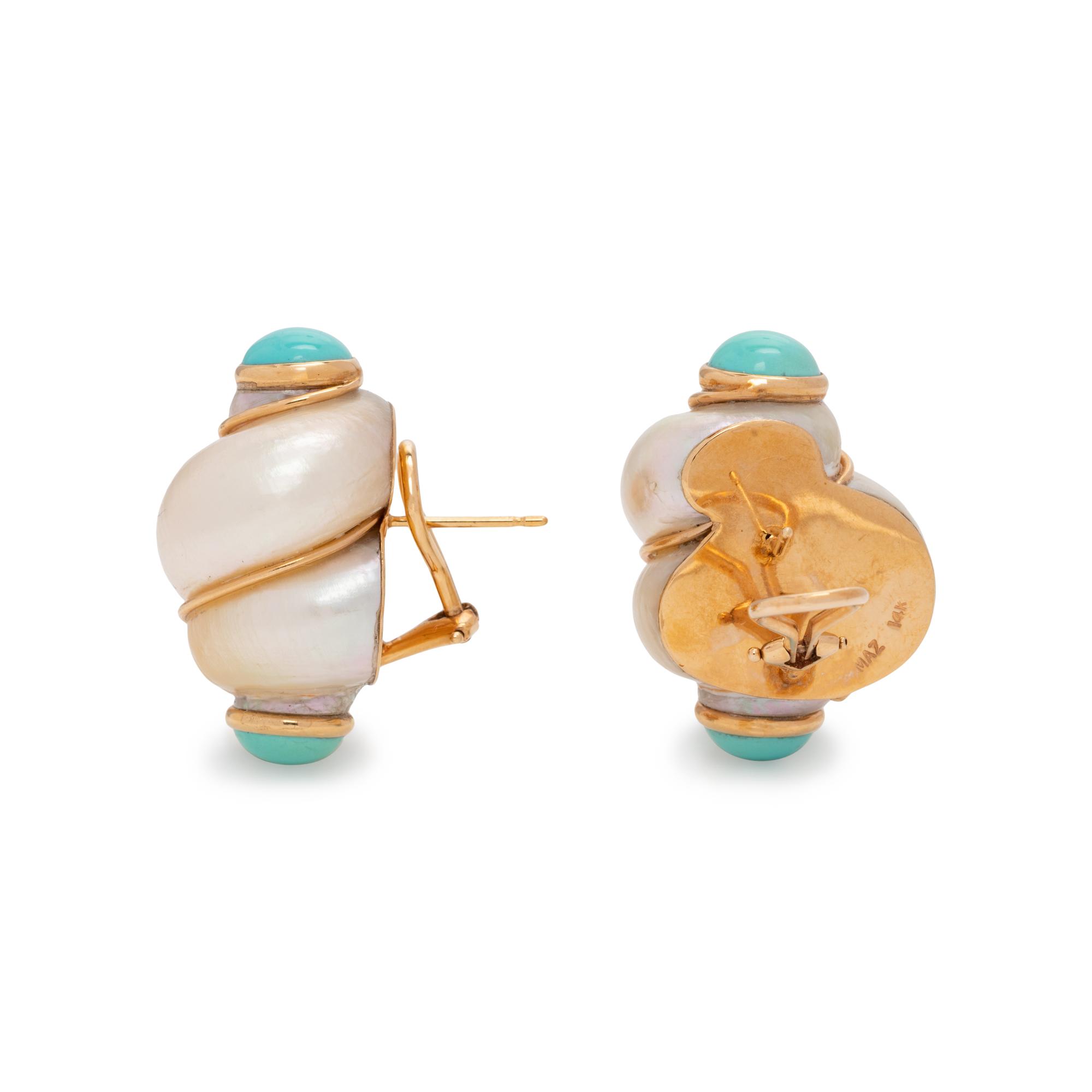MAZ, SHELL AND TURQUOISE EARCLIPS