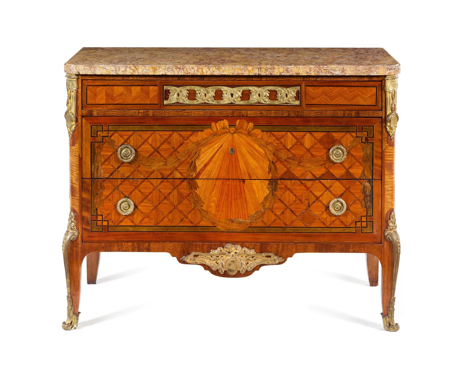 A Louis XV Style Gilt Bronze Mounted Parquetry Commode