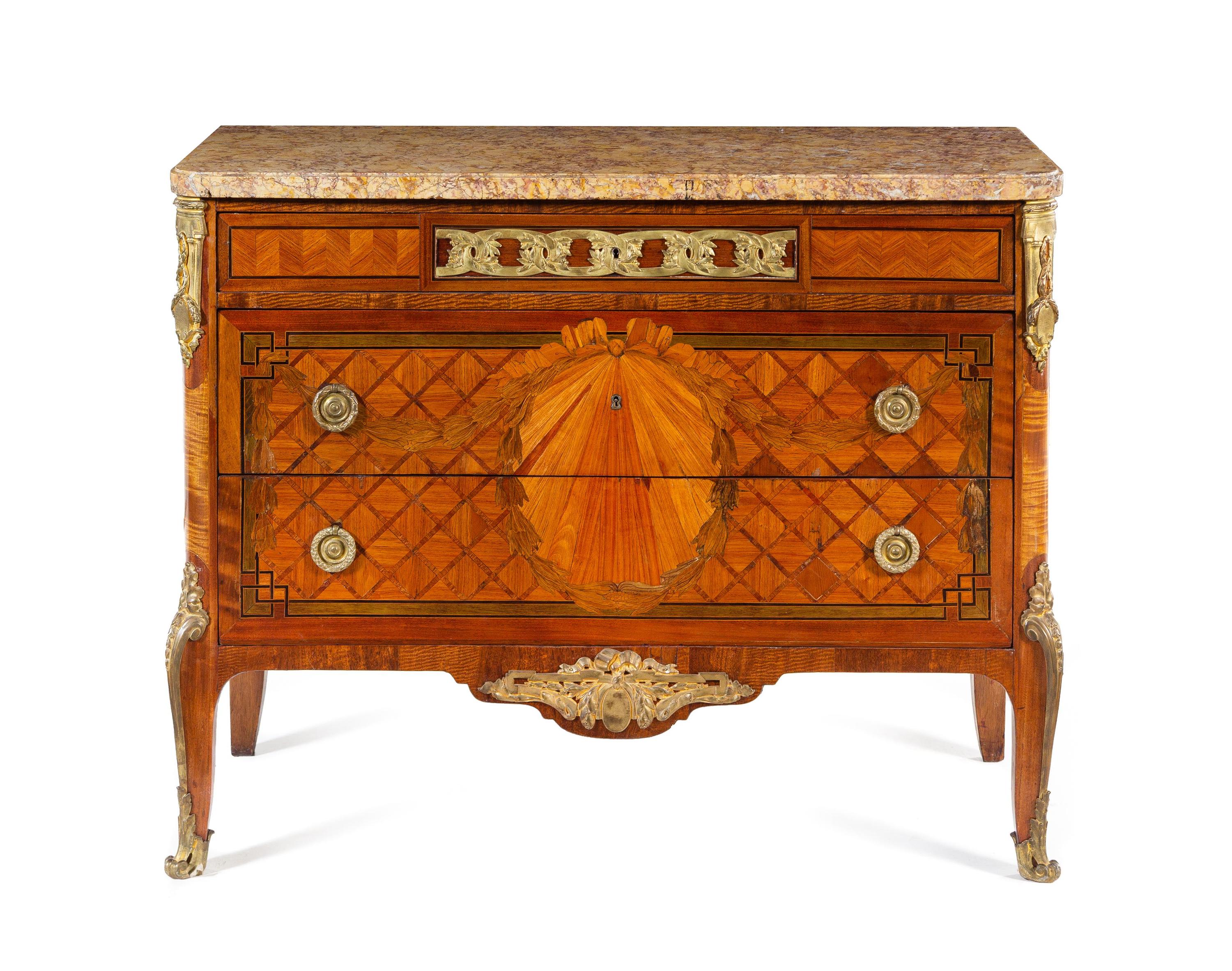 A Louis XV Style Gilt Bronze Mounted Parquetry Commode