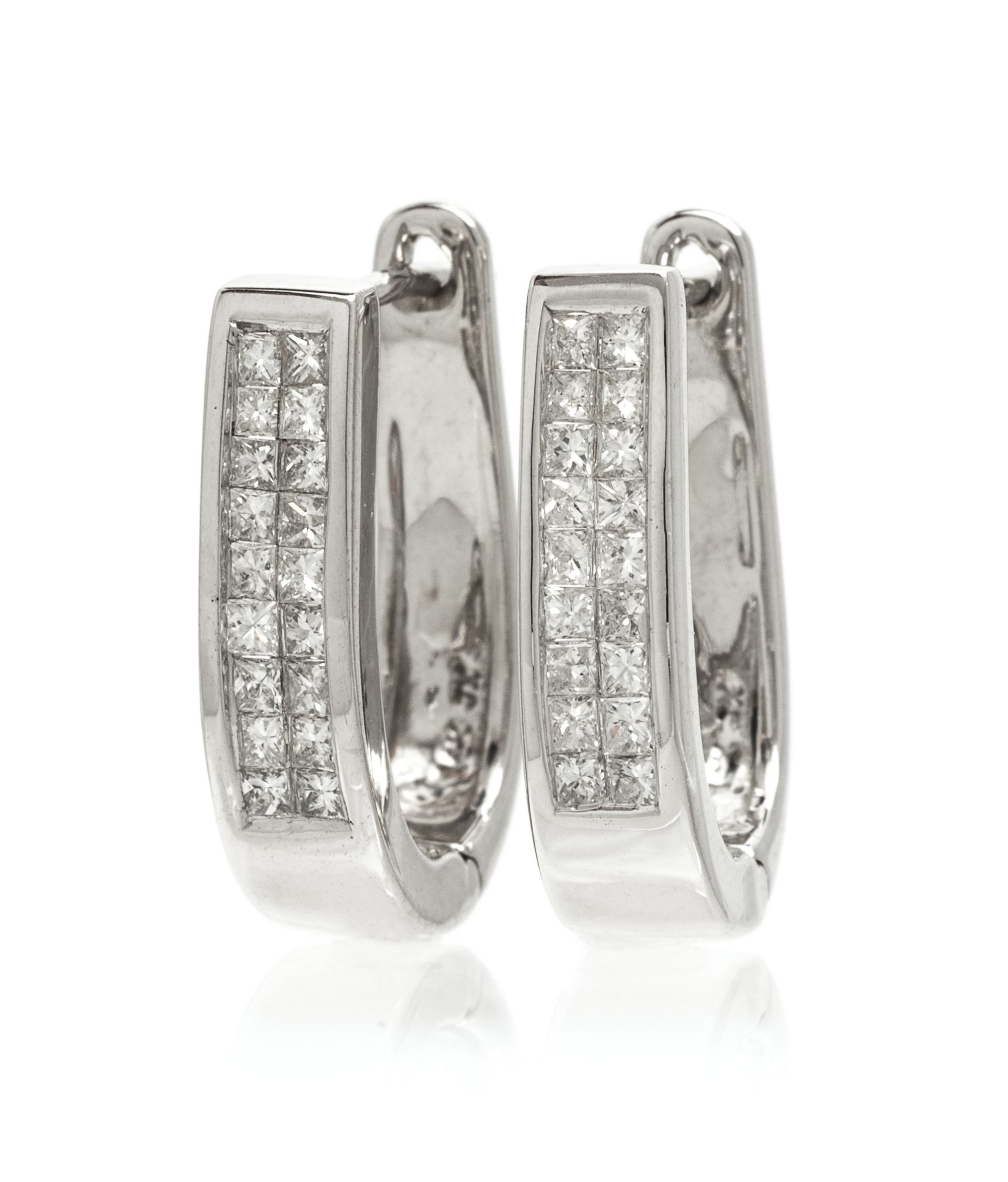 A Pair of 14 Karat White Gold and Diamond Hoop Earrings, 2.90 dwts.