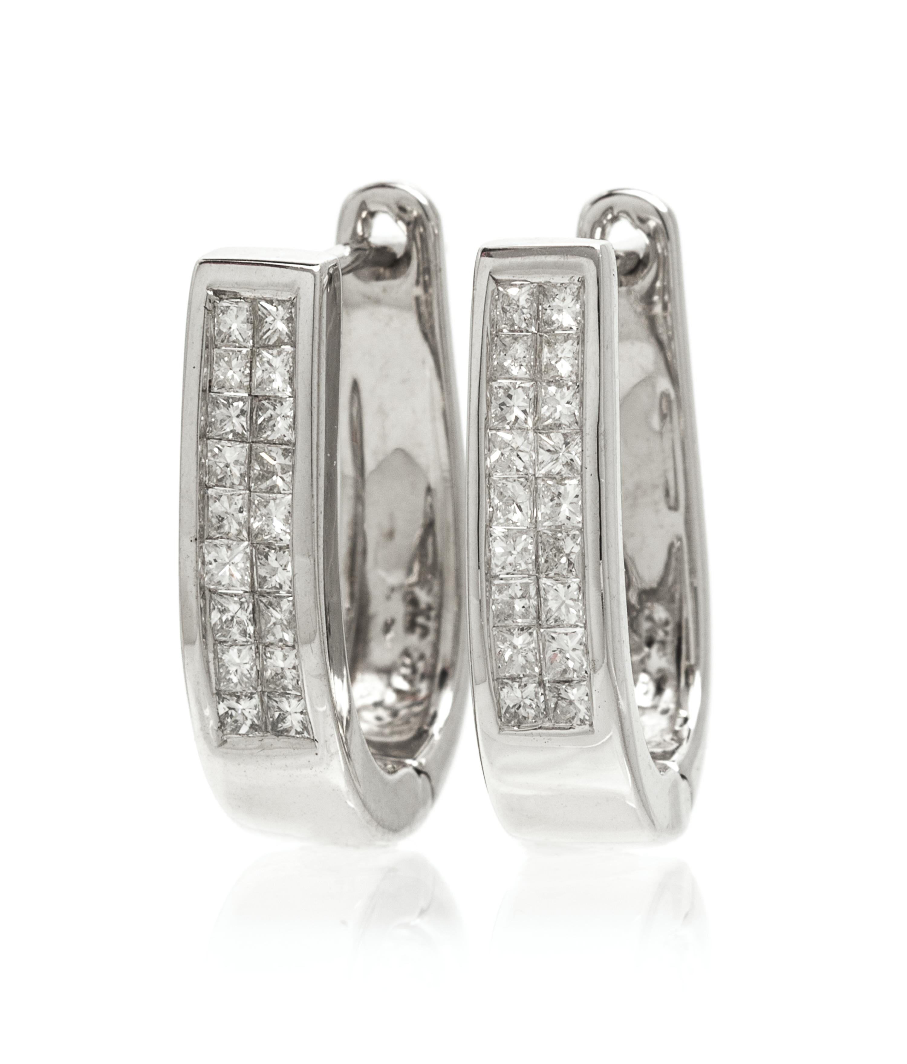 A Pair of 14 Karat White Gold and Diamond Hoop Earrings, 2.90 dwts.