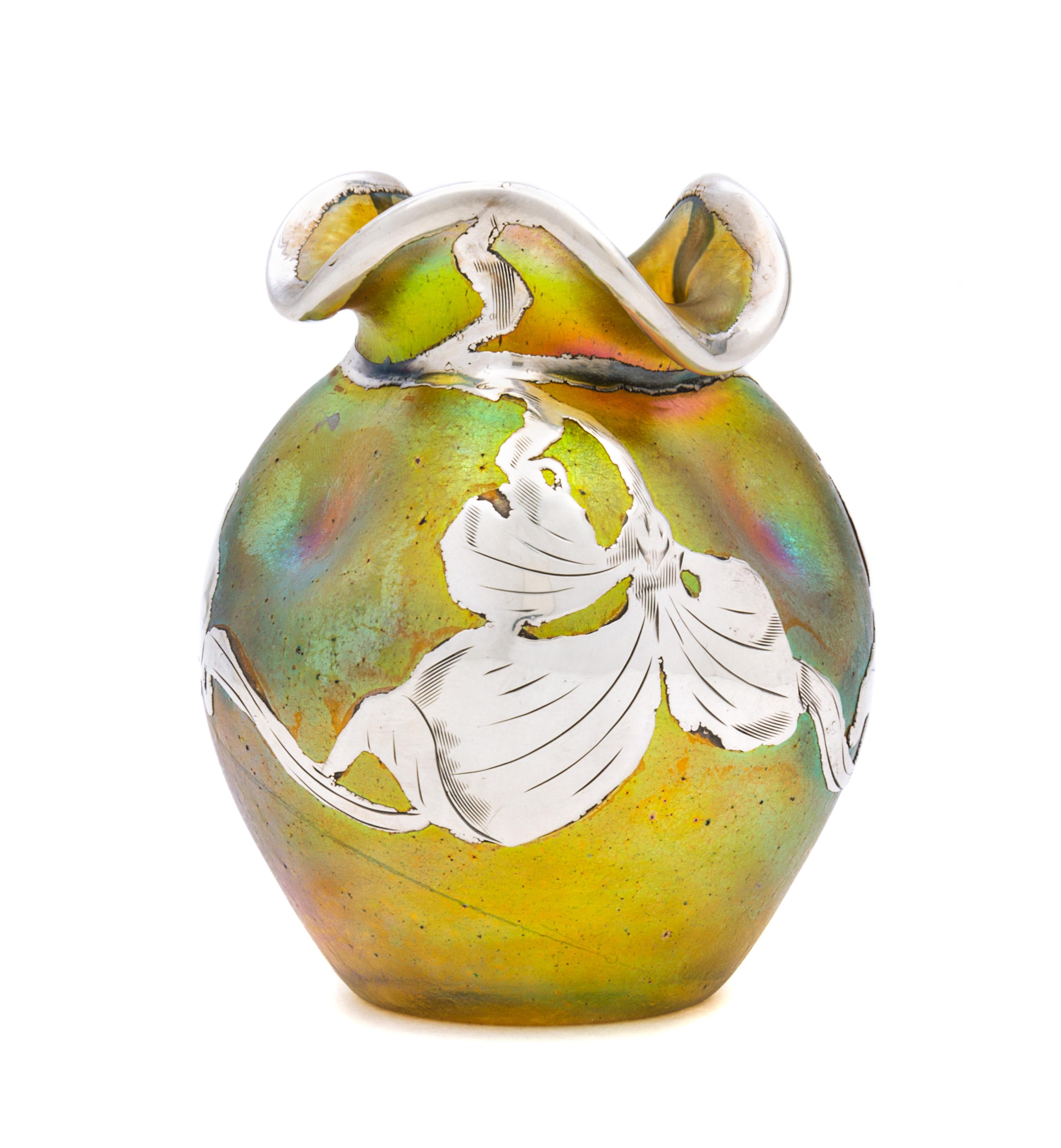 A Loetz Silver Overlay Glass Vase Height 3 3/8 inches.