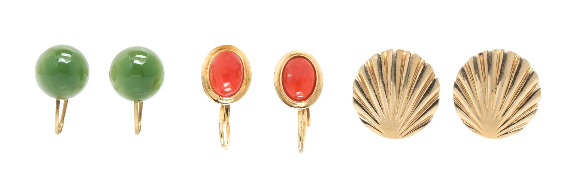 A Collection of 14 Karat Yellow Gold, Jade and Coral Earrings, 5.00 dwts.