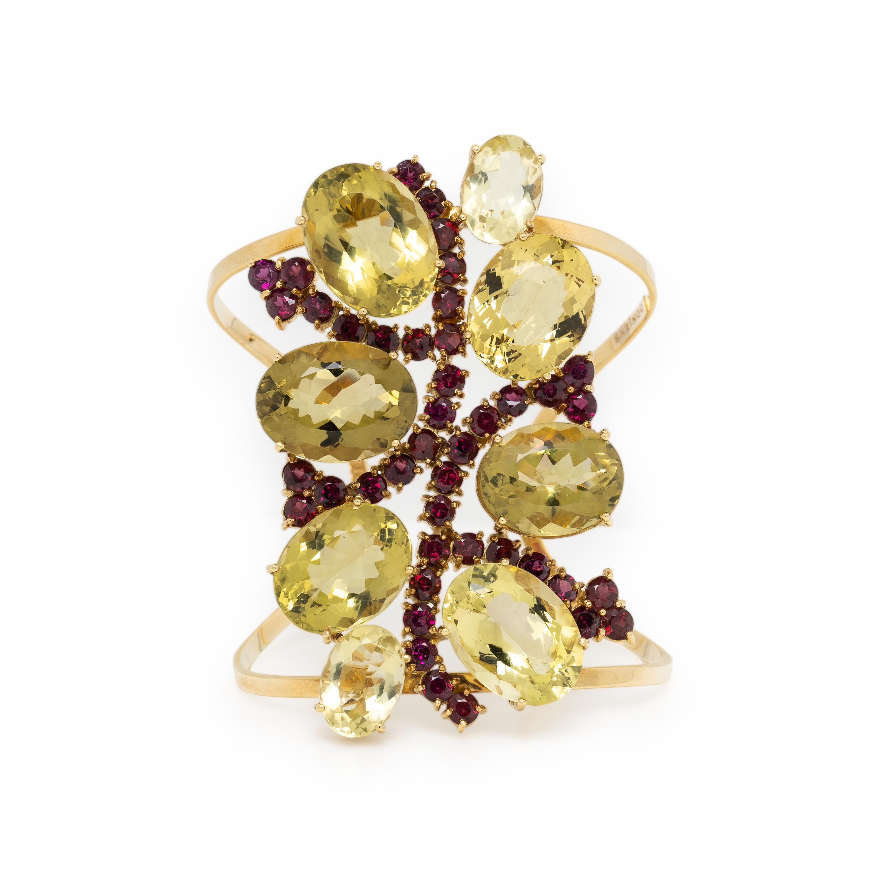 Sazingg, Lemon Quartz, Beryl, and Garnet Cuff Bracelet