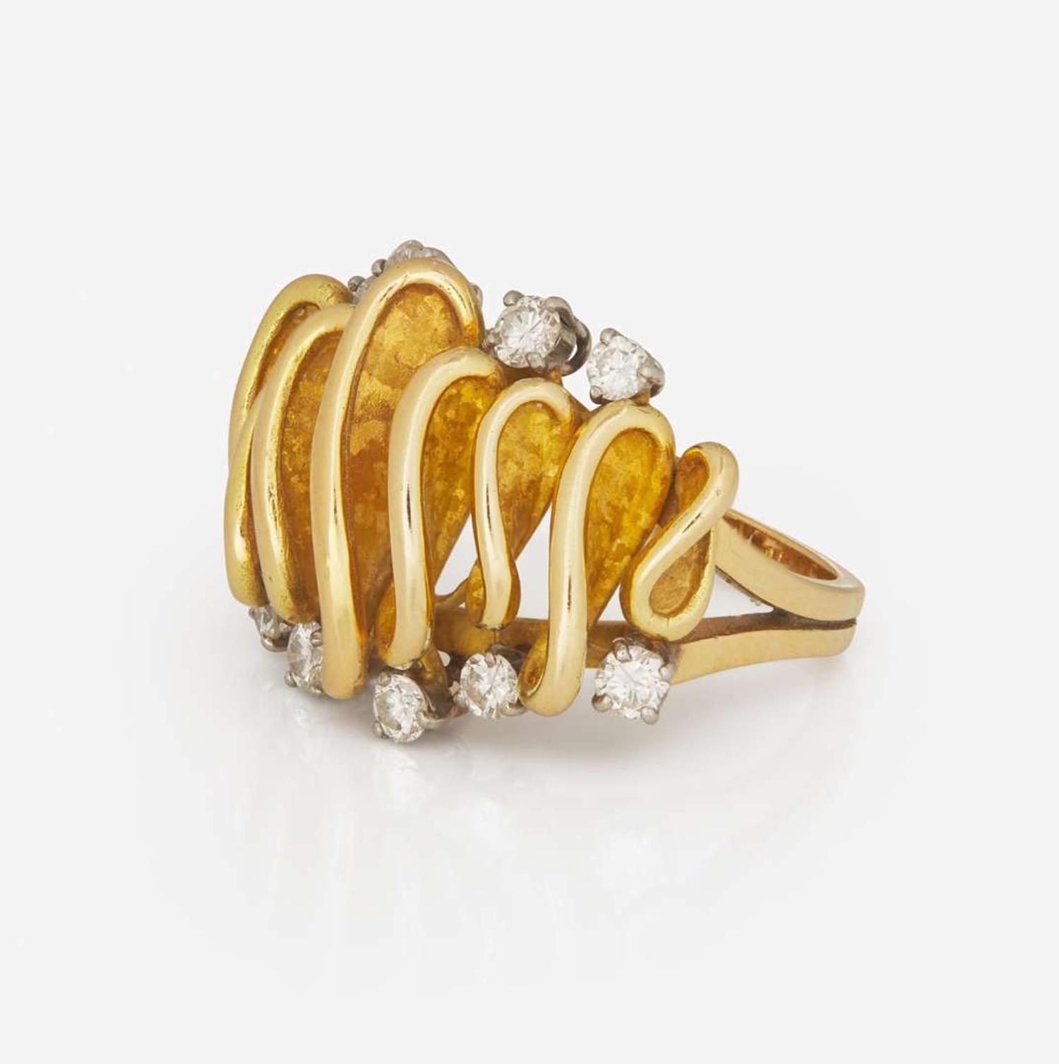 An 18K Yellow Gold and Diamond Wave Ring French