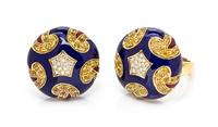 An 18 Karat Yellow Gold, Diamond, Yellow Sapphire and Polychrome Enamel Demi Parure, 31.80 dwts.