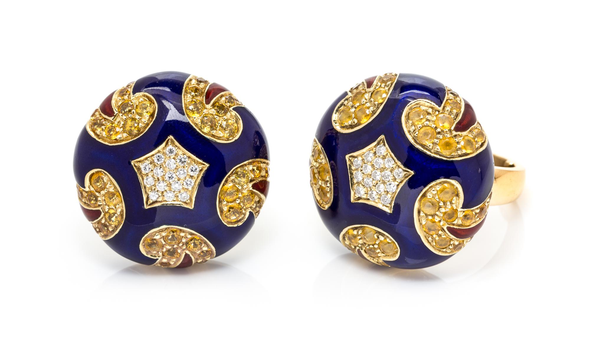 An 18 Karat Yellow Gold, Diamond, Yellow Sapphire and Polychrome Enamel Demi Parure, 31.80 dwts.