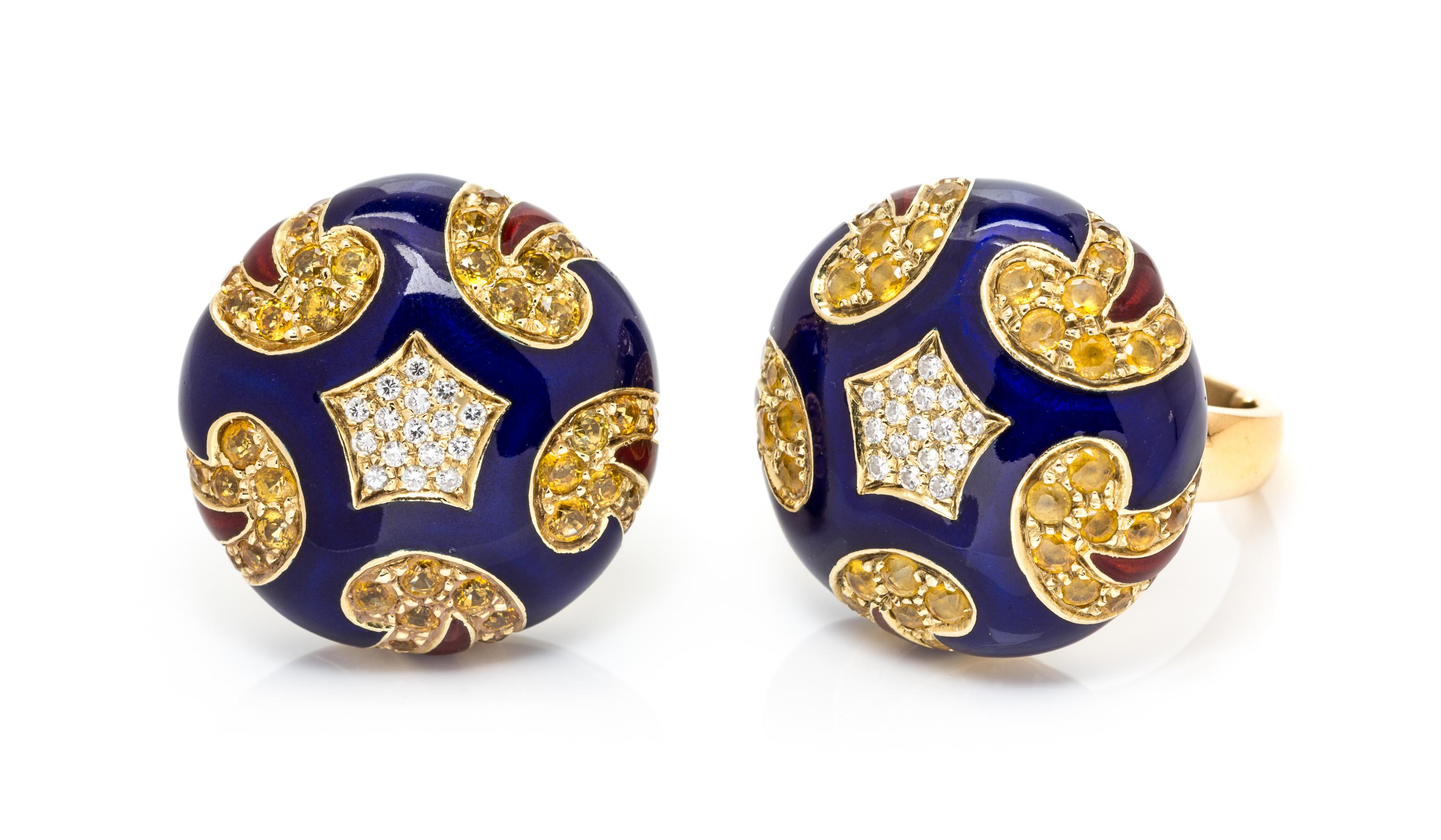 An 18 Karat Yellow Gold, Diamond, Yellow Sapphire and Polychrome Enamel Demi Parure, 31.80 dwts.