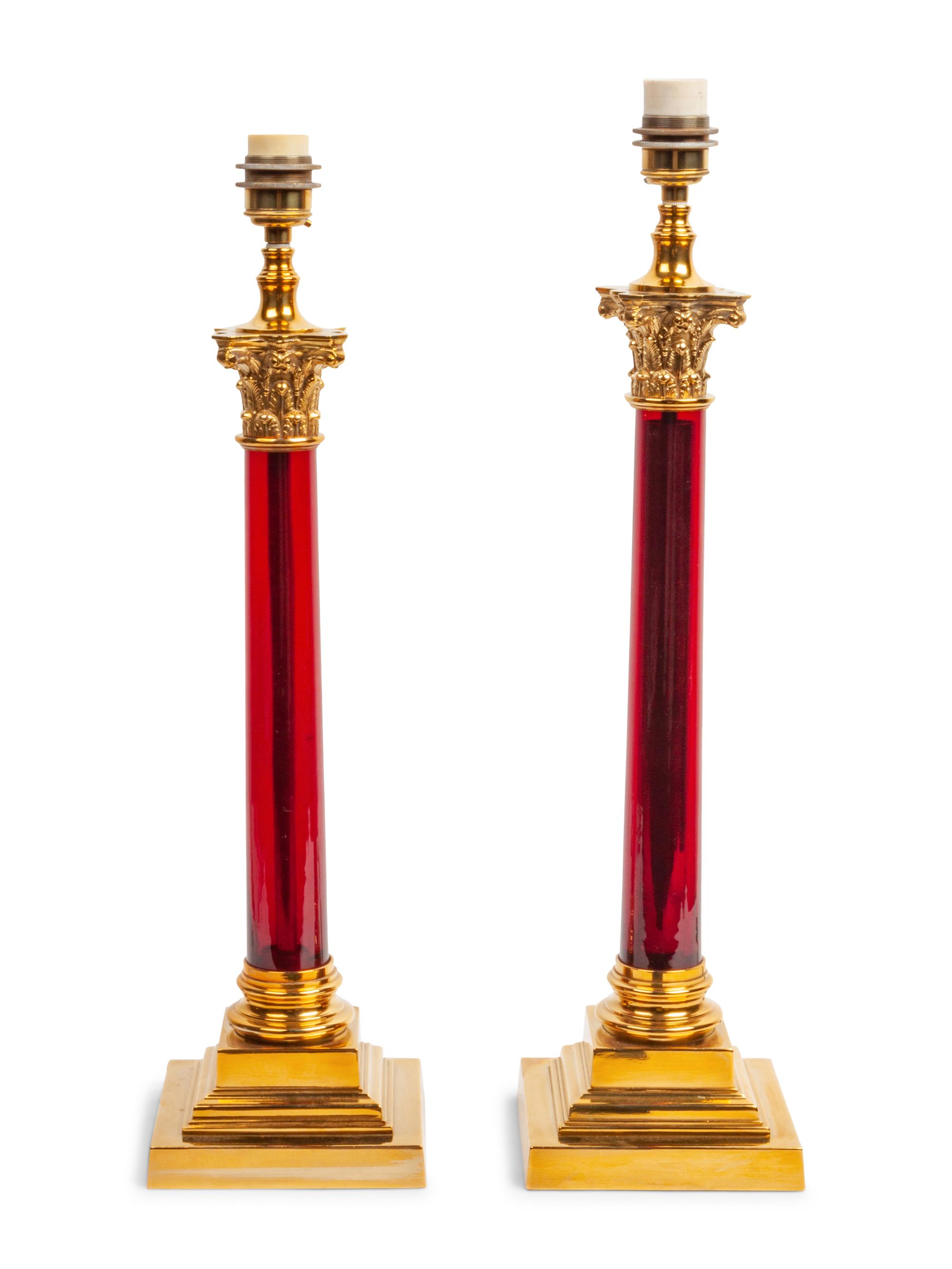 Two Pairs of Glass and Marble Empire Style Lamps