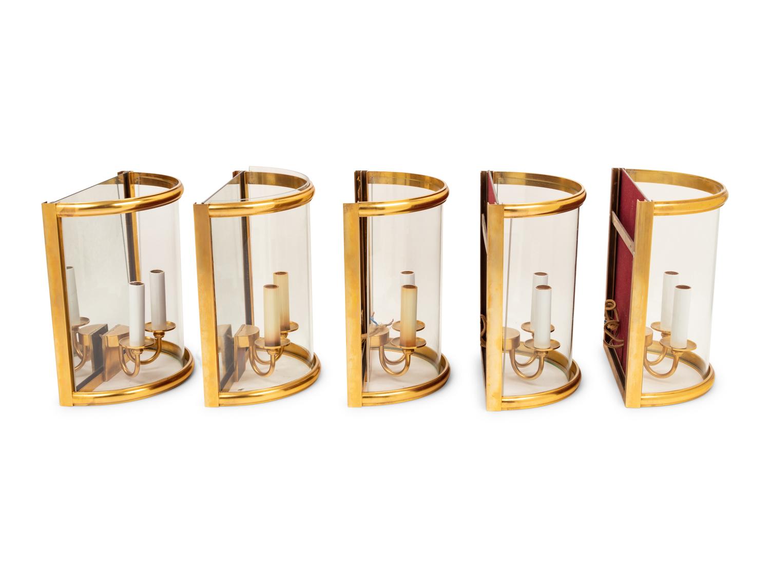 A Set of Five Brass and Glass Wall Lights