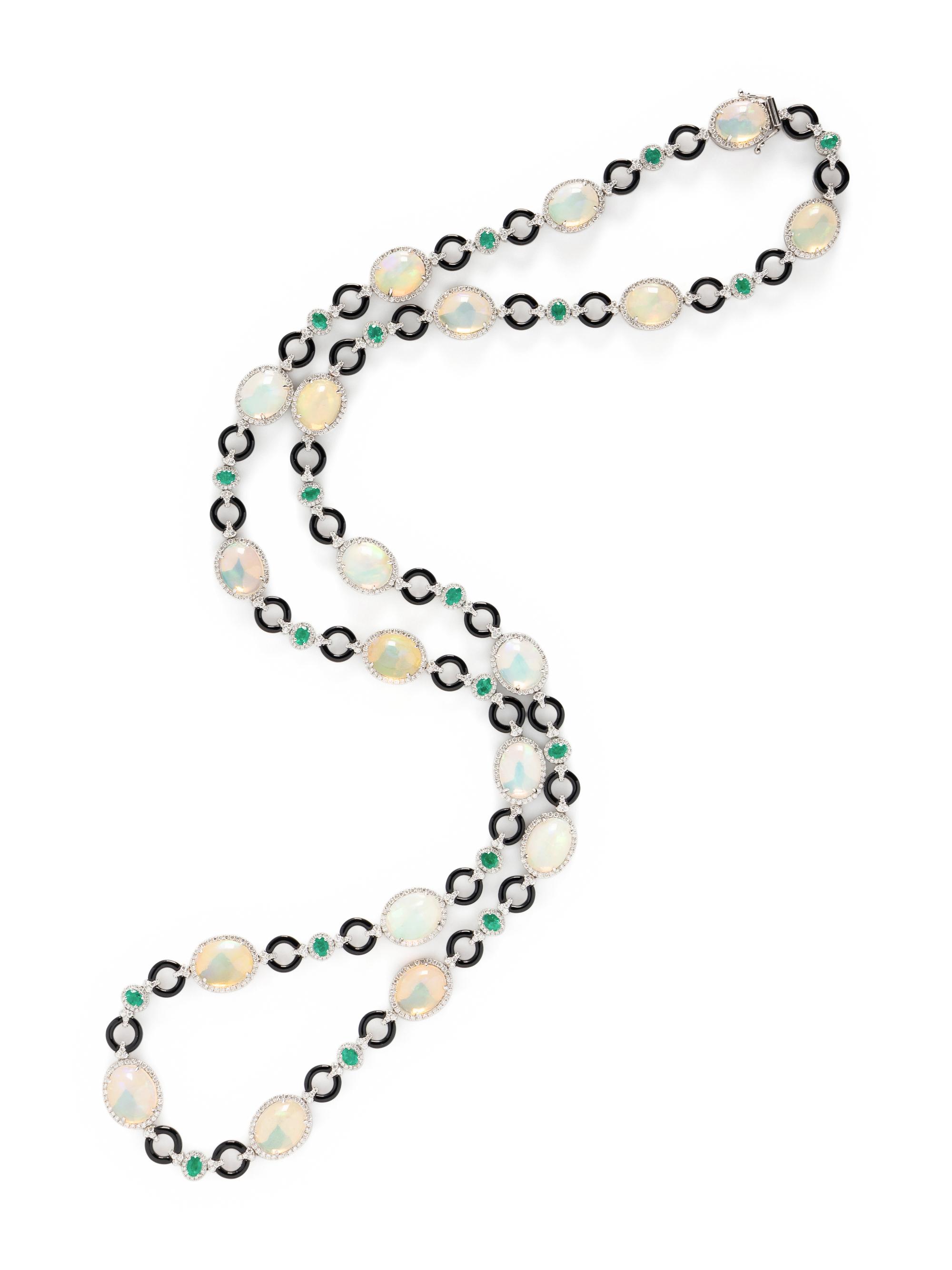 OPAL, ONYX, EMERALD, AND DIAMOND NECKLACE