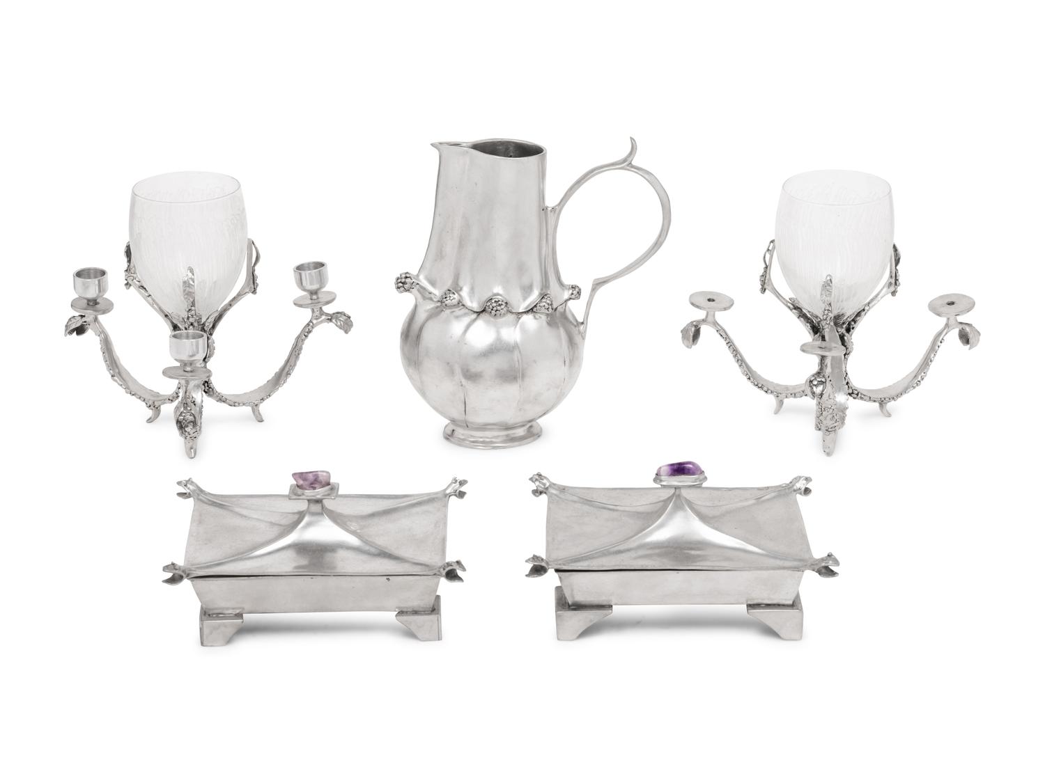 Five Castor Cooper Pewter Table Articles
