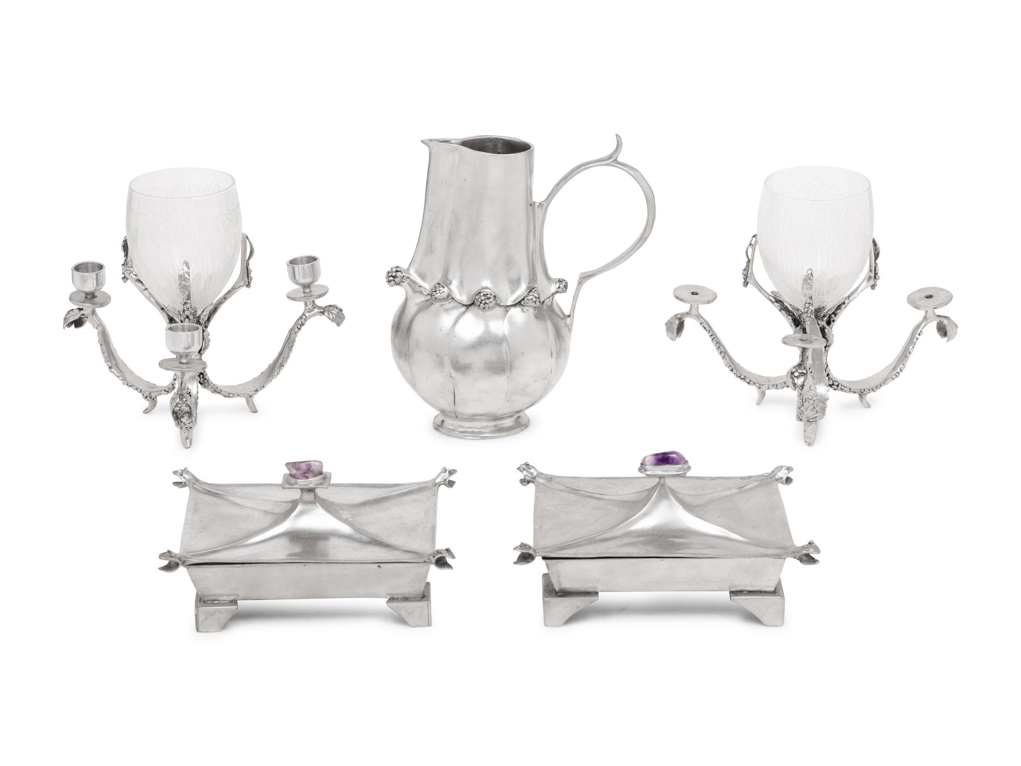 Five Castor Cooper Pewter Table Articles