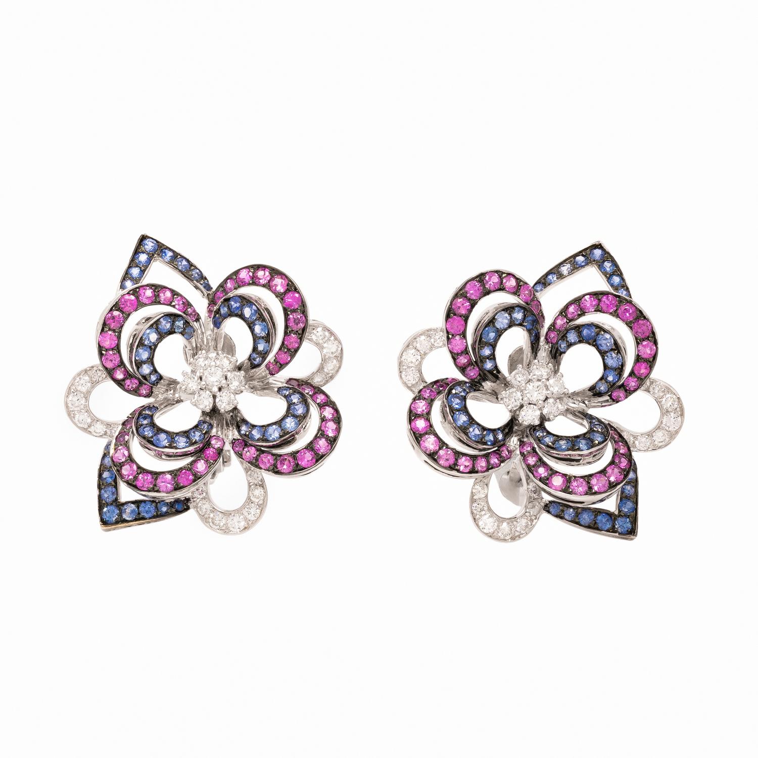 PINK SAPPHIRE, SAPPHIRE, AND DIAMOND FLOWER EARRINGS