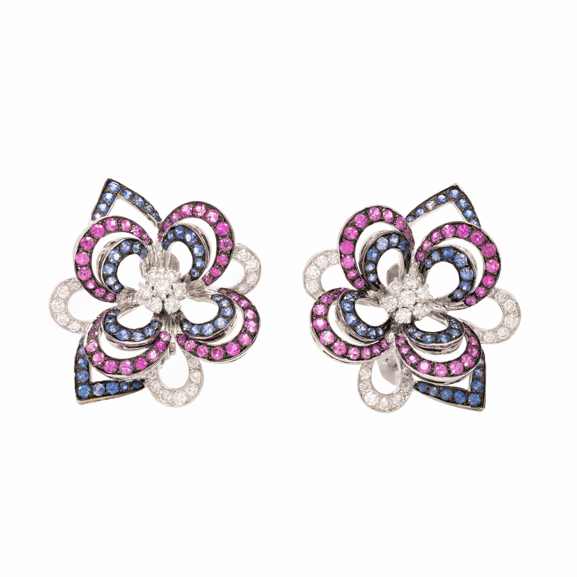PINK SAPPHIRE, SAPPHIRE, AND DIAMOND FLOWER EARRINGS