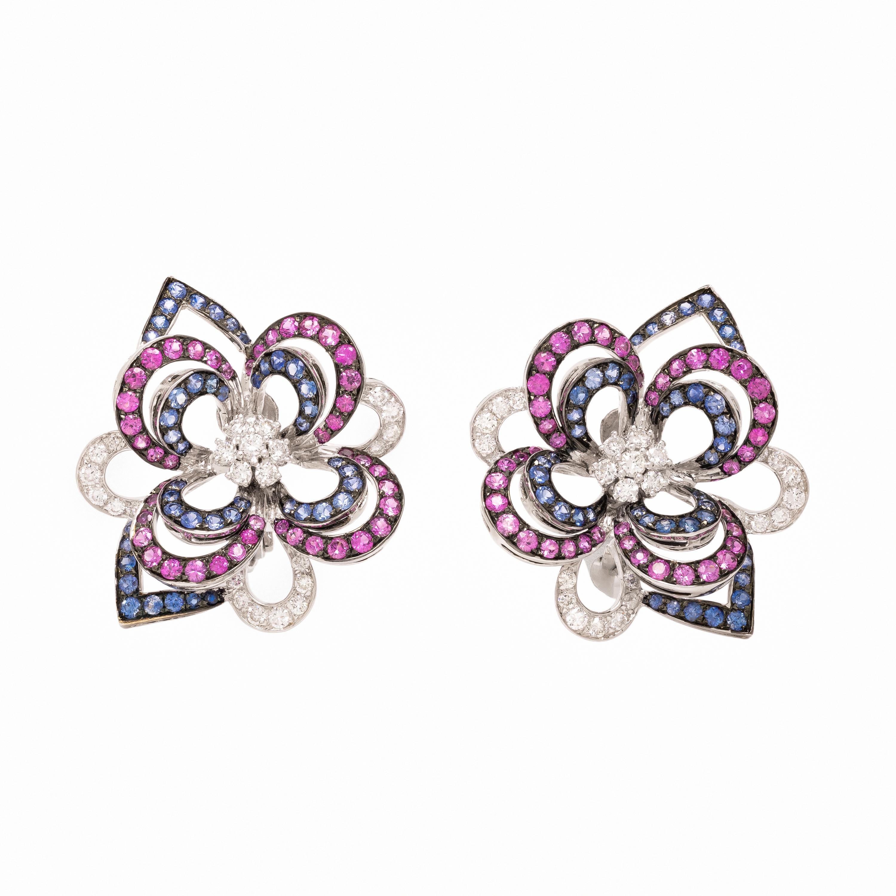 PINK SAPPHIRE, SAPPHIRE, AND DIAMOND FLOWER EARRINGS