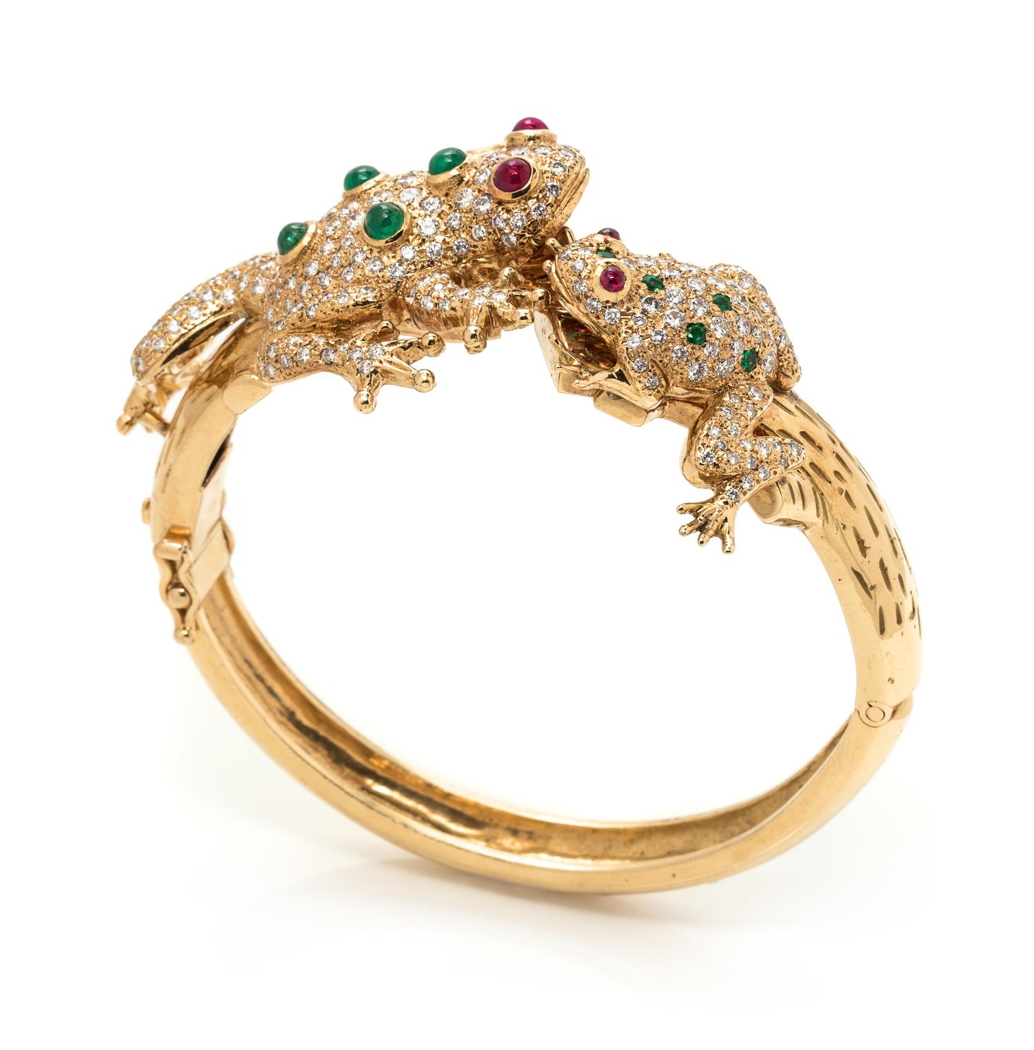 A Yellow Gold, Emerald, Ruby and Diamond Frog Bangle Bracelet,