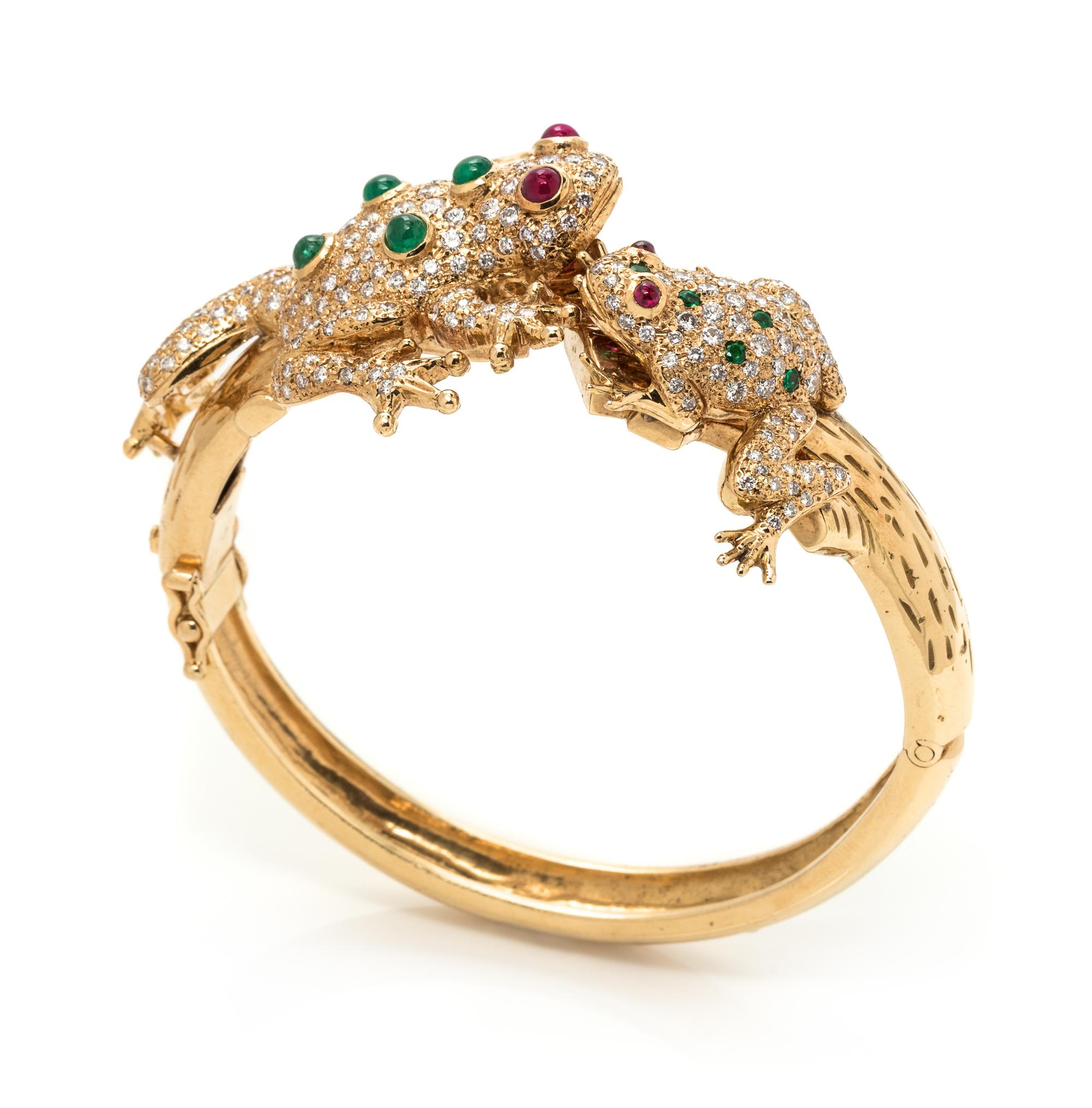 A Yellow Gold, Emerald, Ruby and Diamond Frog Bangle Bracelet,
