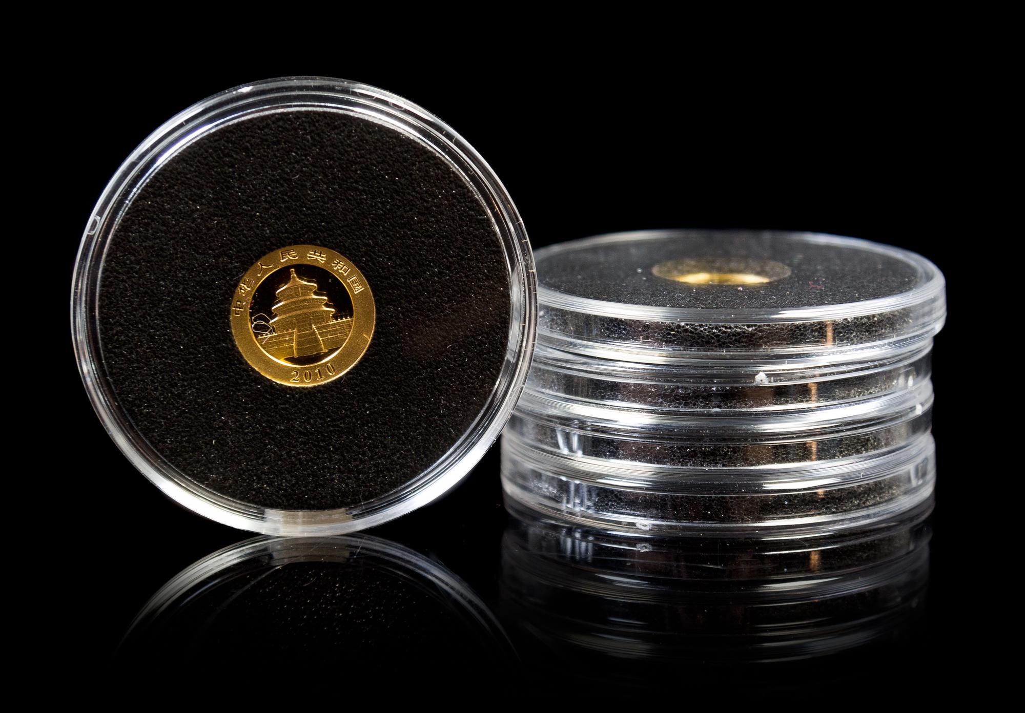 A Group of Five China Mint 2010 20 Yuan Gold Panda 1/20 Ounce Rounds