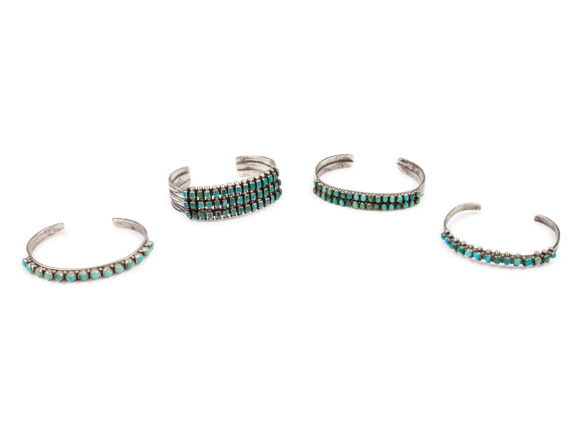 Four Zuni Silver and Turquoise Cuff Bracelets